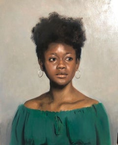Portrait à l'huile grandeur nature d'une femme en vert (Loredana)