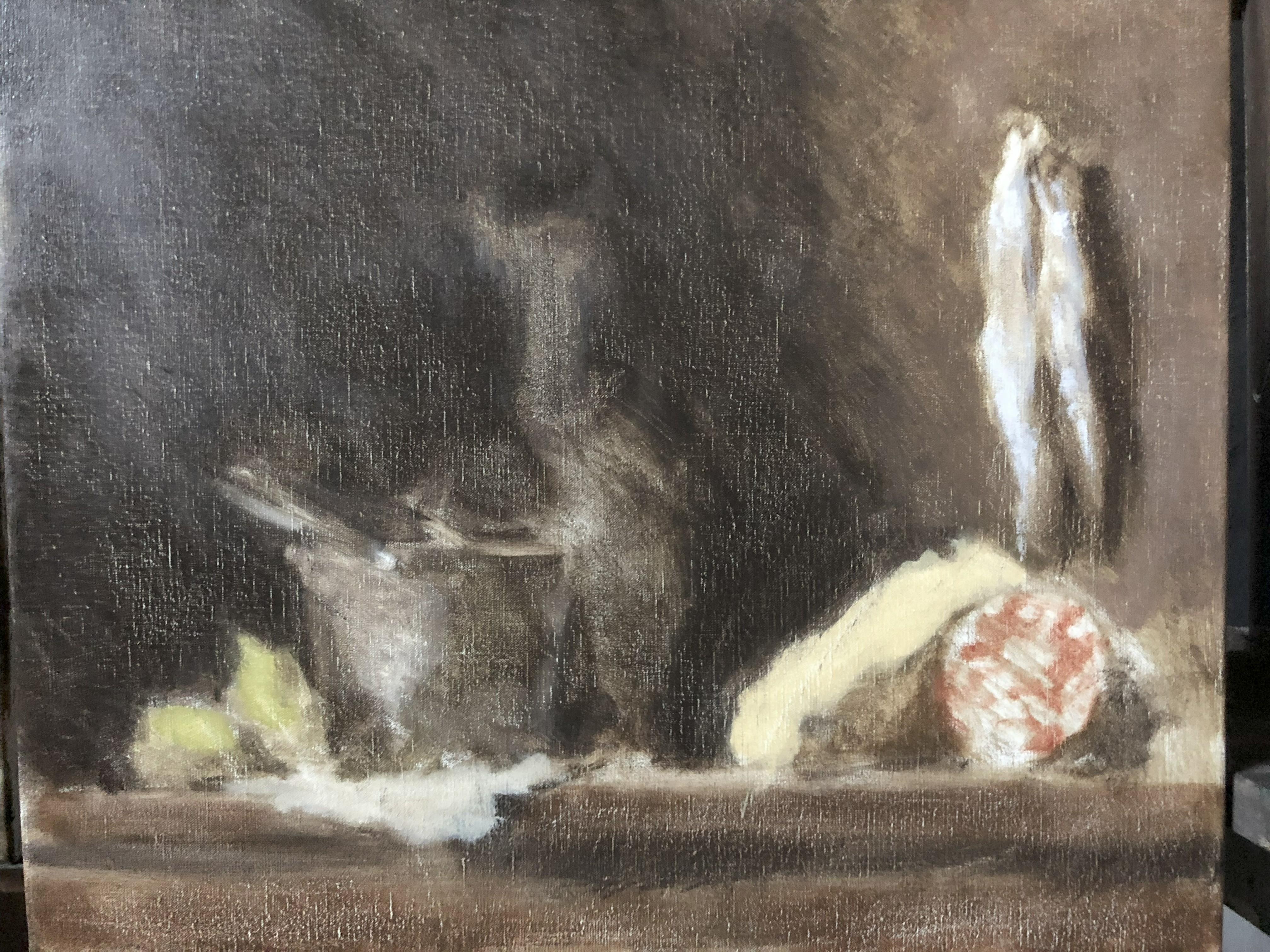 Ölgemaltes Stillleben in natürlichem Licht mit dunklem Hintergrund. Metallschüssel und Lebensmittel (Alte Meister), Painting, von William J Rushton