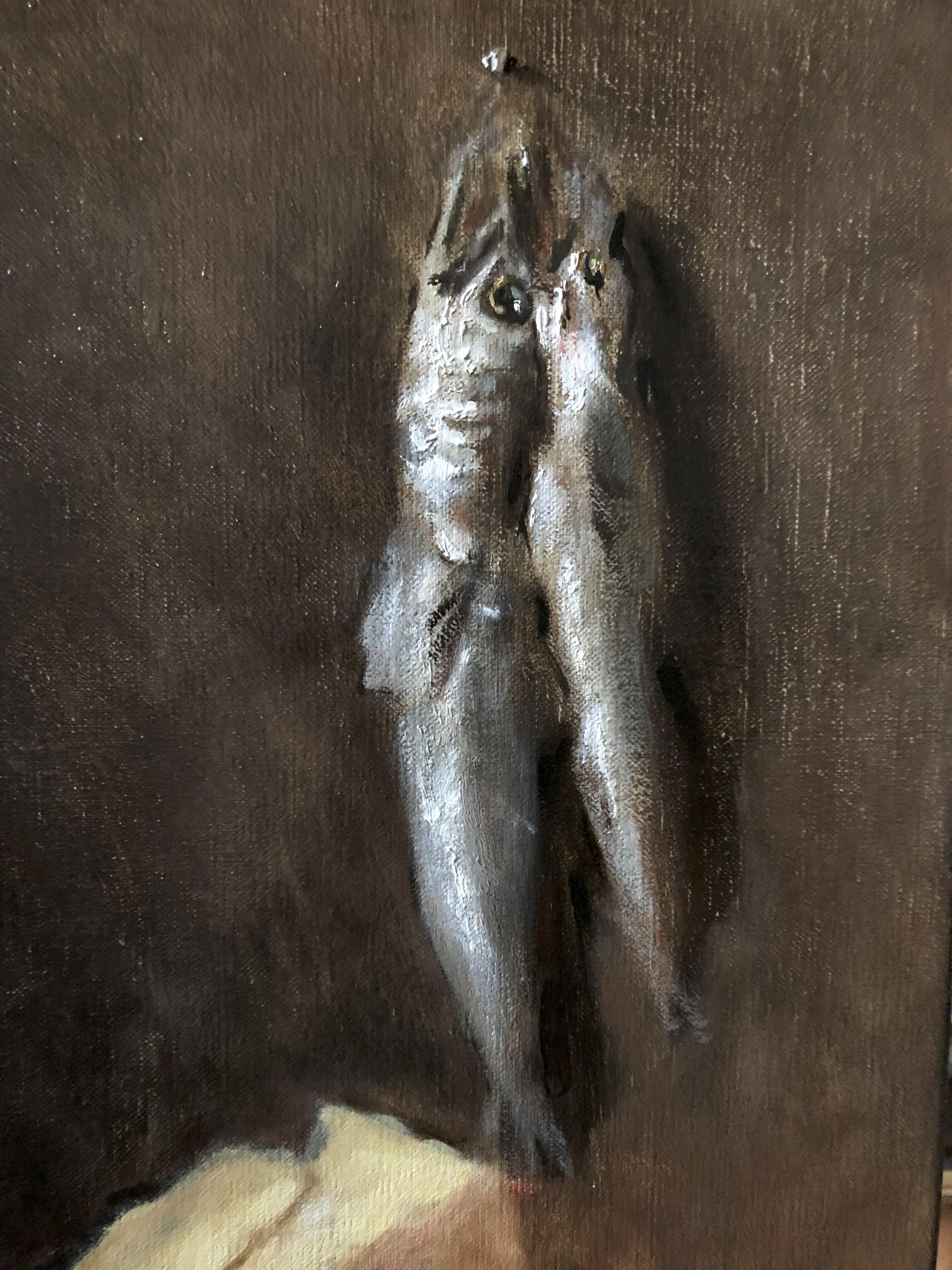 Ölgemaltes Stillleben in natürlichem Licht mit dunklem Hintergrund. Metallschüssel, Blätter, Fisch und andere Lebensmittel. 

Wie fast alle Kunstwerke von William J. Rushton wurde auch dieses nach dem Leben und im Maßstab des Lebens geschaffen.