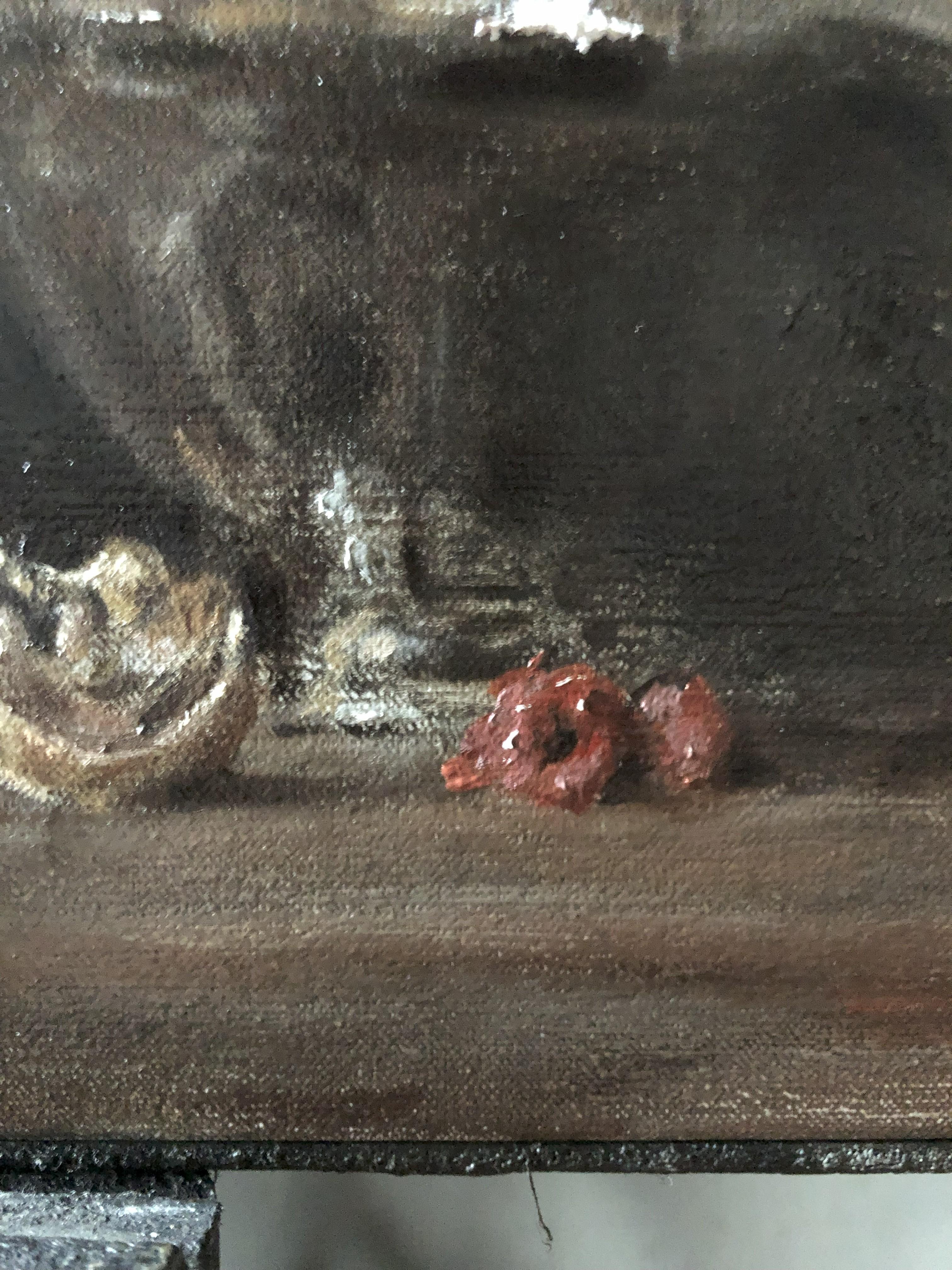 Ölgemaltes Stilleben mit Holzschüssel, Beeren und Nüssen im natürlichen Licht (Alte Meister), Painting, von William J Rushton