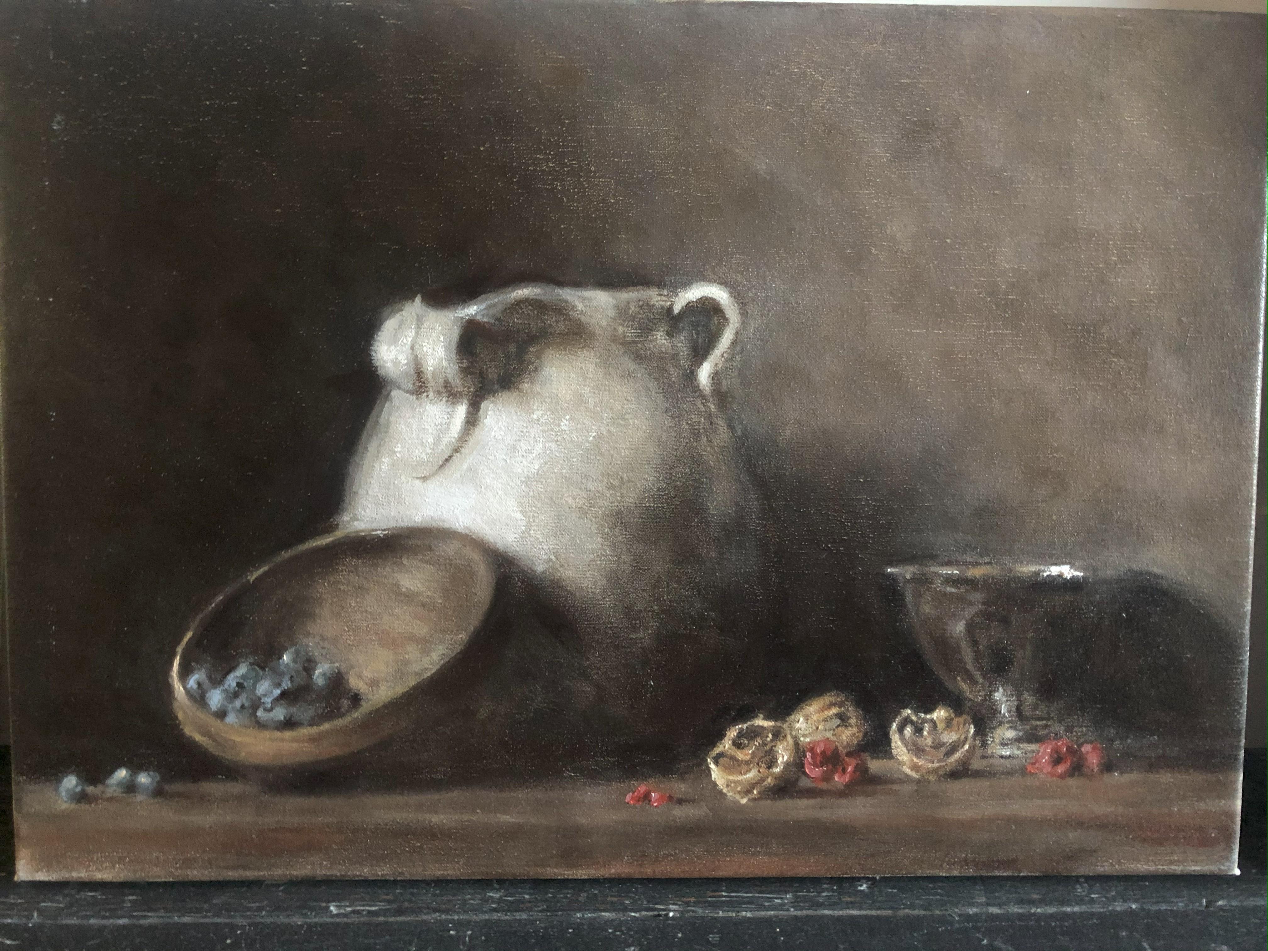 William J Rushton Still-Life Painting – Ölgemaltes Stilleben mit Holzschüssel, Beeren und Nüssen im natürlichen Licht