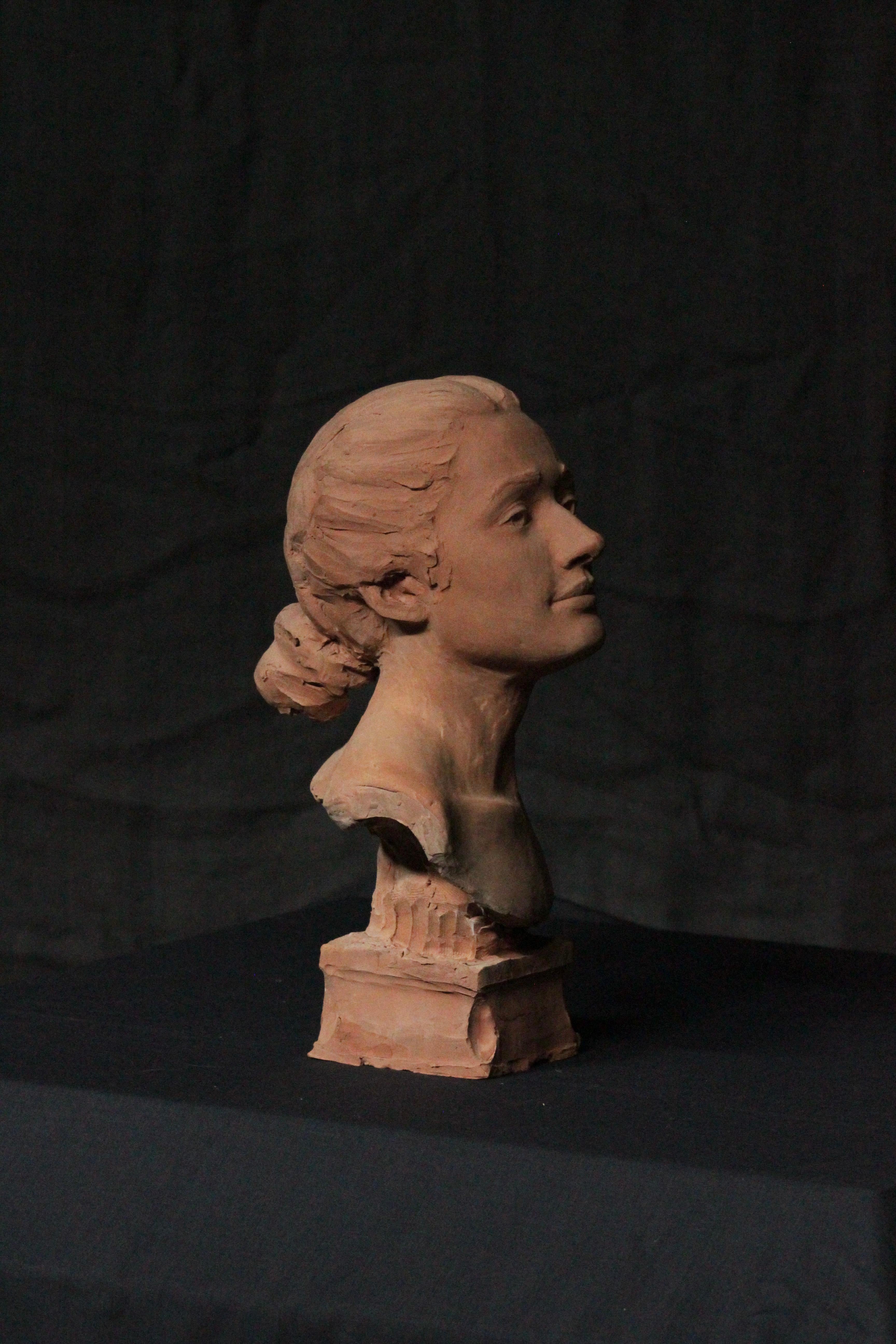 Scultura di testa di donna in terracotta 