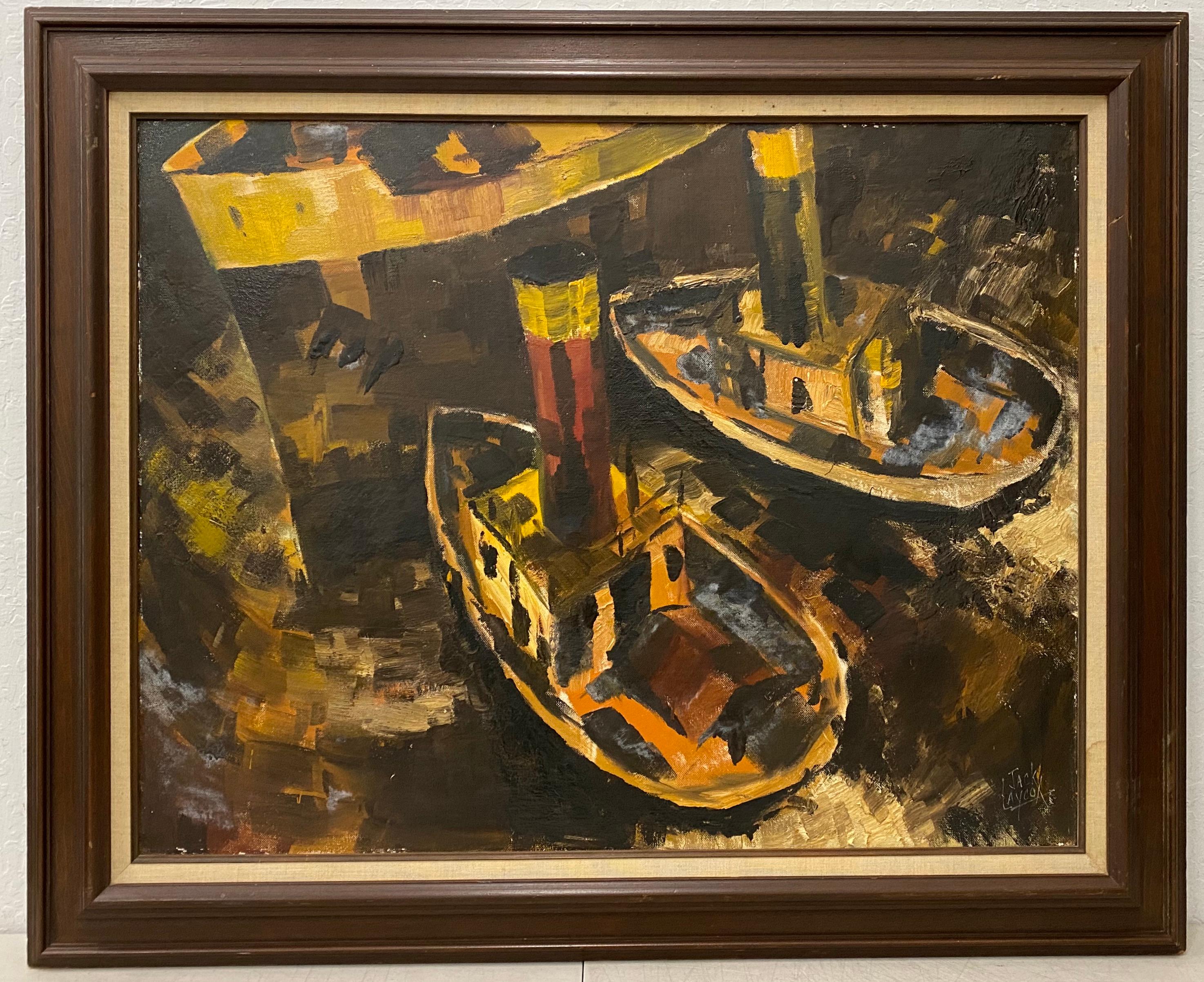 William Jack Laycox Abstract Painting - Jack Laycox Mid Century "Tug Boats" Oil Painting c.1960