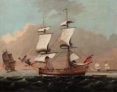 A two masted British ship and other vessels on a choppy sea