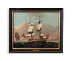 A two masted British ship and other vessels on a choppy sea