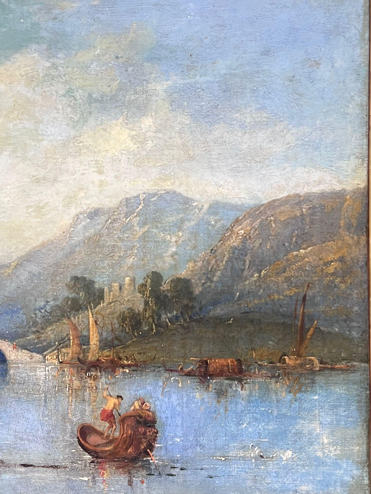Fine Early 19th Century Signed Oil Painting Continental Lake Scene Old City View 4