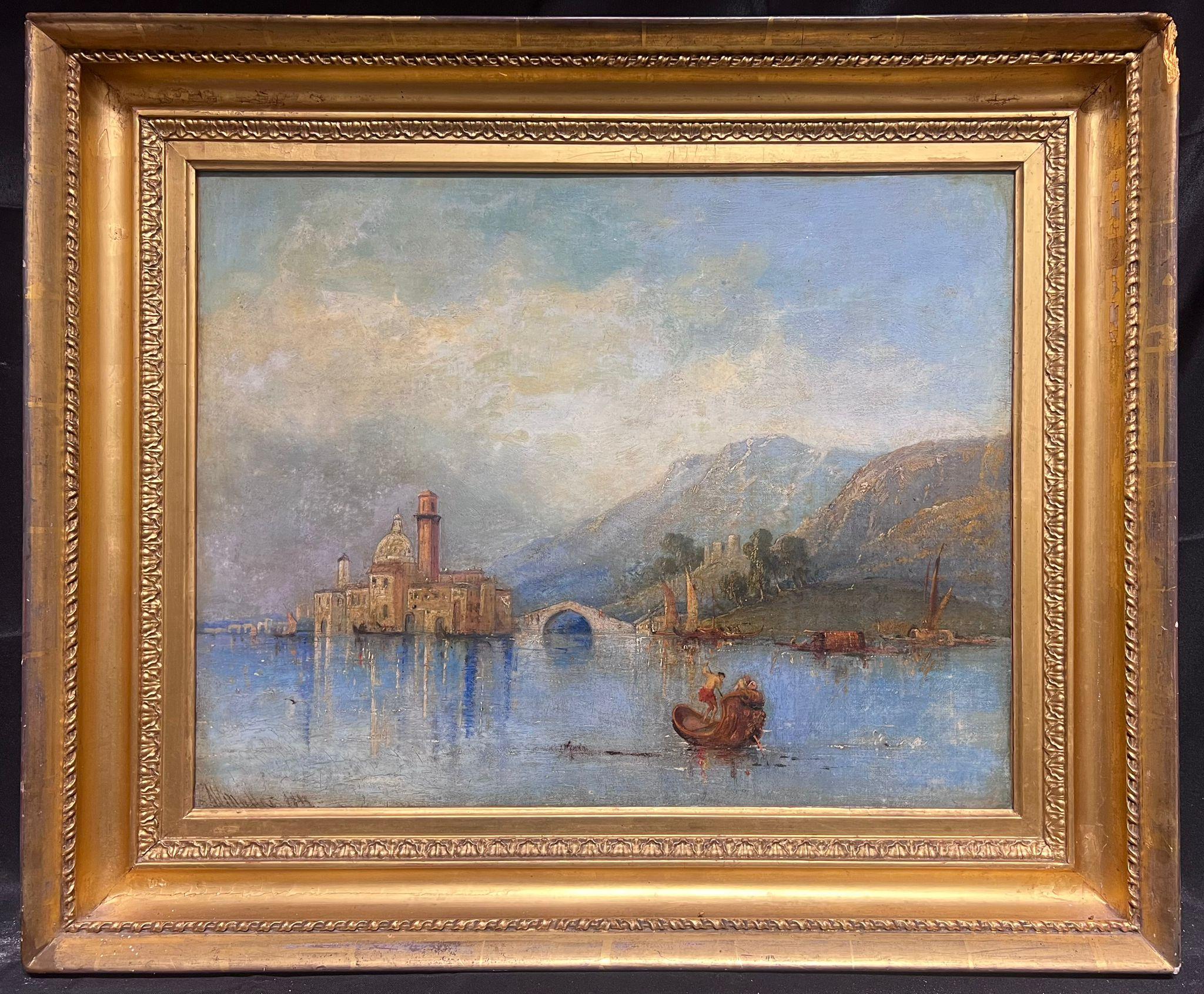 WILLIAM JAMES MULLER (1812-1845) Figurative Painting - Fine Early 19th Century Signed Oil Painting Continental Lake Scene Old City View