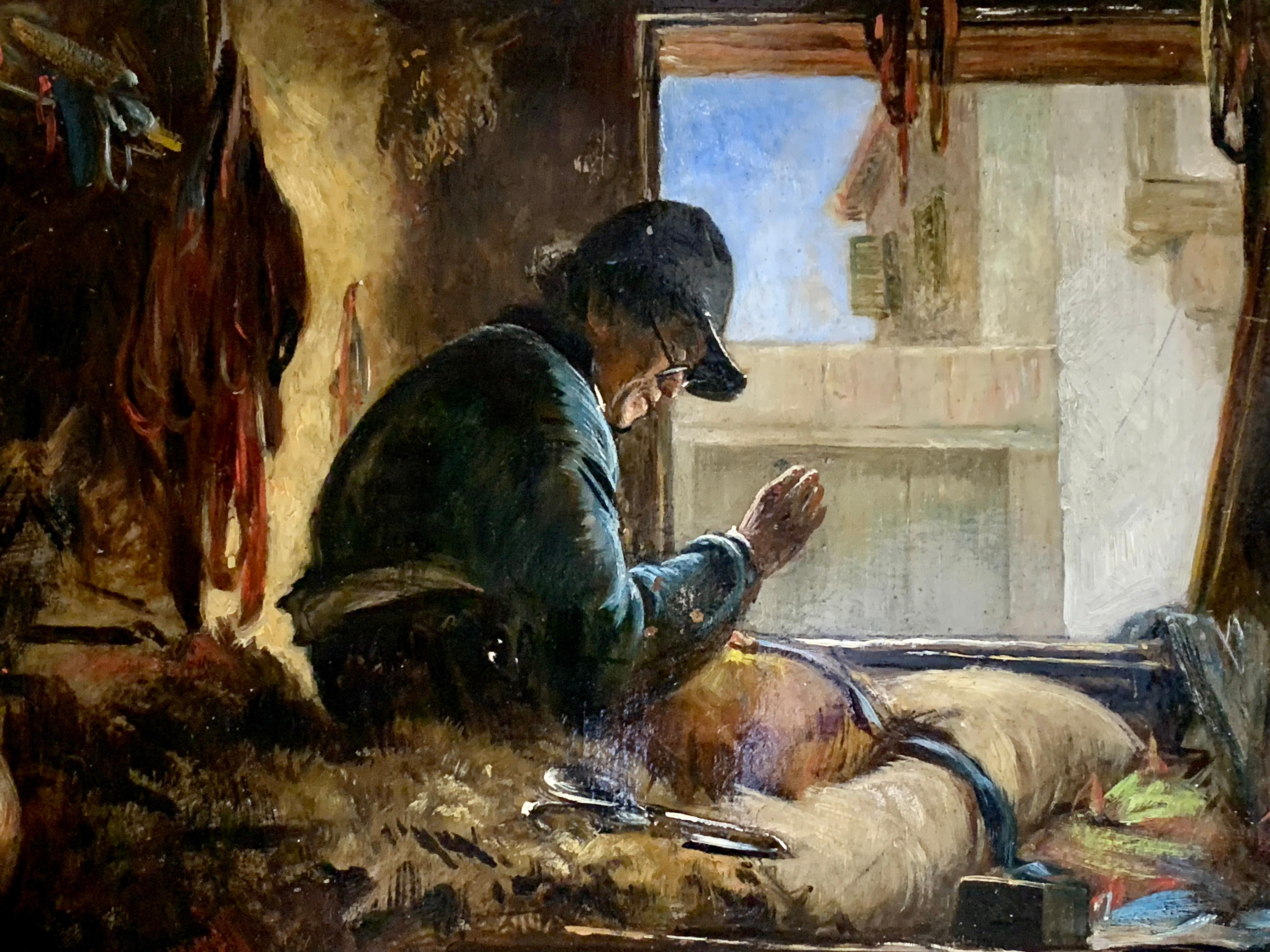 19th century English portrait of a man sowing cloth or leather in his studio - Painting by William James Muller