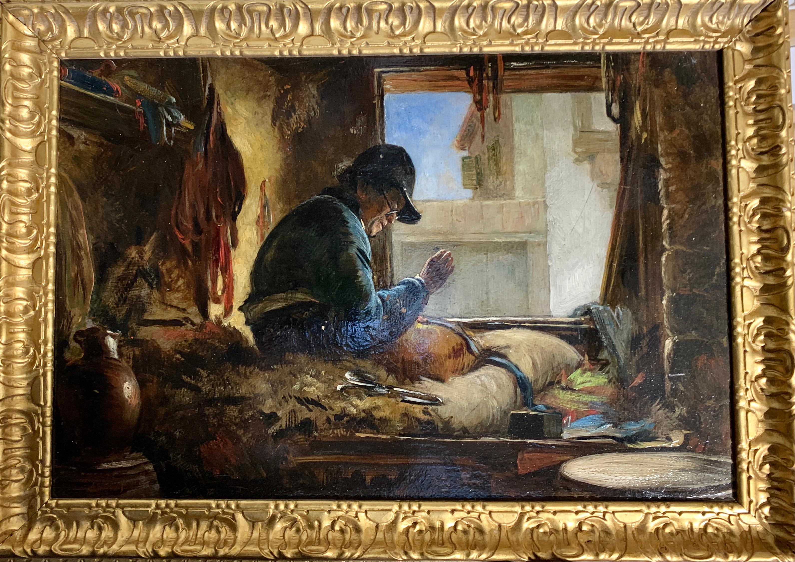 William James Muller Figurative Painting - 19th century English portrait of a man sowing cloth or leather in his studio