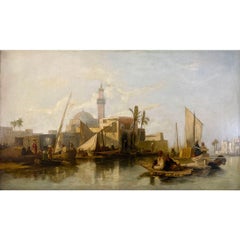 "Vista del porto di Alessandria", dipinto a olio su tela del XIX secolo firmato e antico