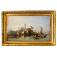 "View of Alexandria Harbor" 19th Century Signed Antique Oil Painting on Canvas