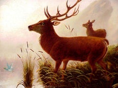 Stag by a Misty Lake, 19th Century Oil on Canvas, Framed, 30x42"