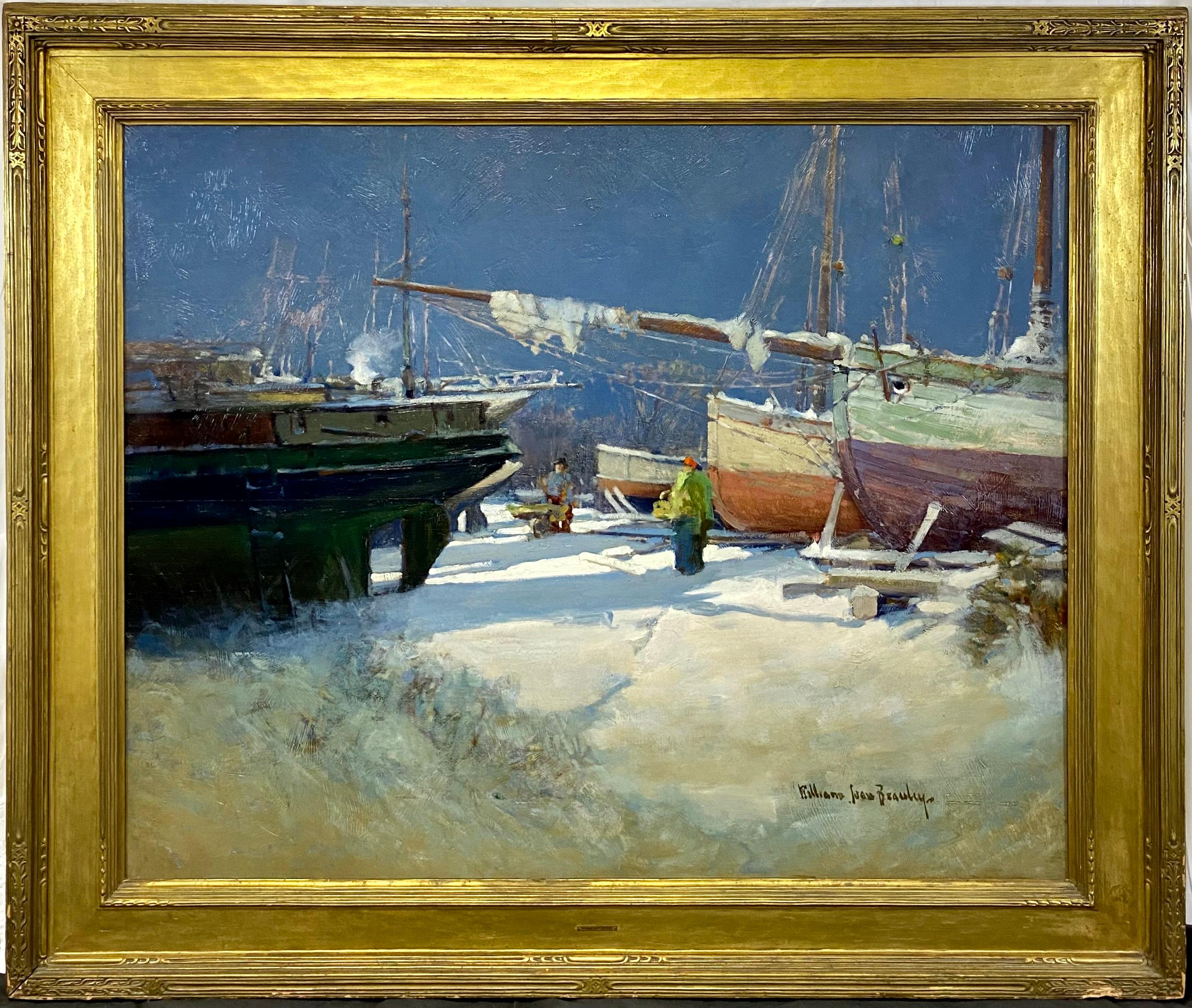 „Great Kills, Staten Island“ Trockene Docks im Winter, schneeiserne impressionistische Landschaft – Painting von William Jean Beauley