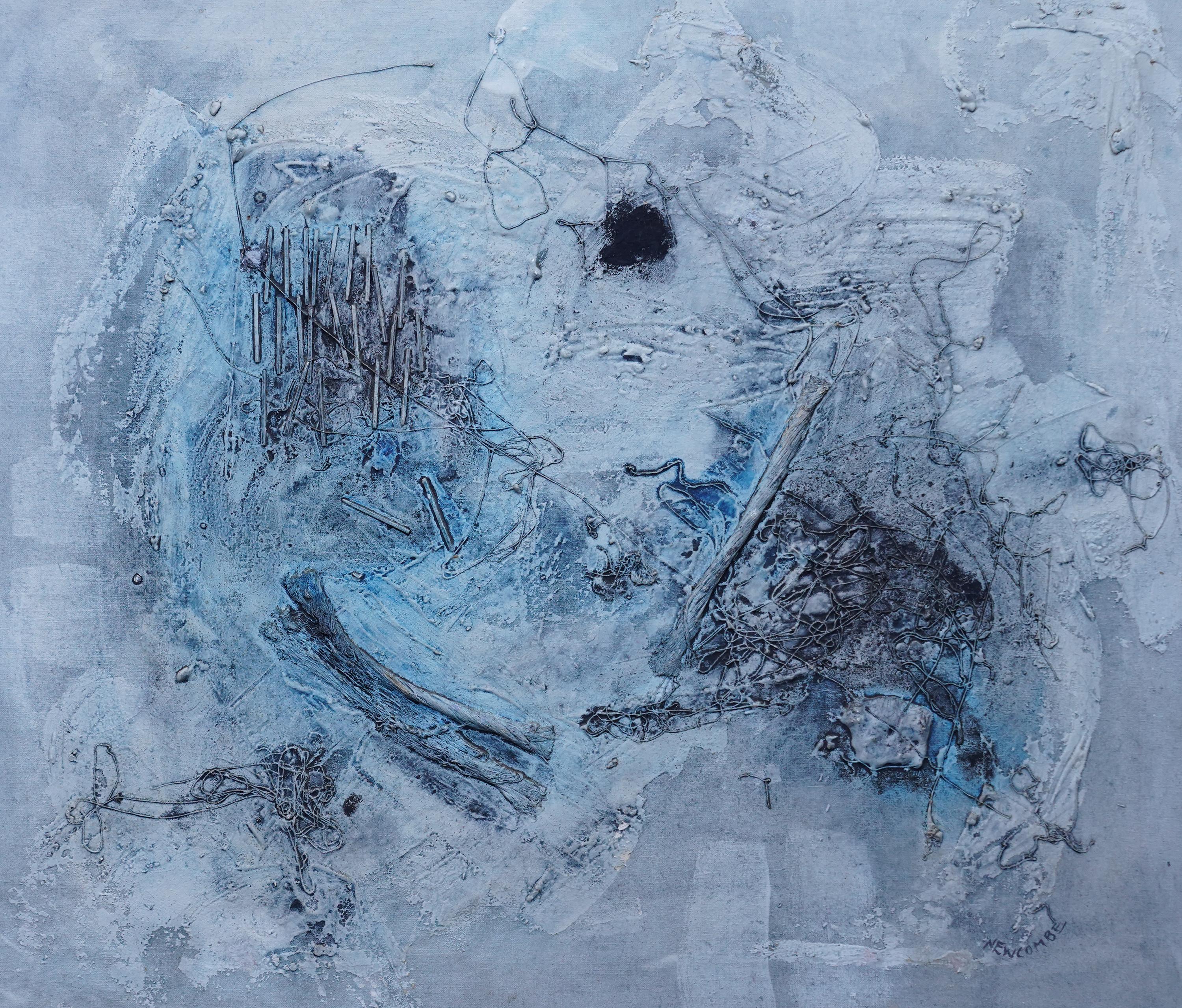 An original large abstract oil on canvas by British Canadian artist William John Bertram Newcombe. This stunning abstract expressionist oil in blues and greys is a bold, adventurous and confident abstract expressionist Canadian work and dates to