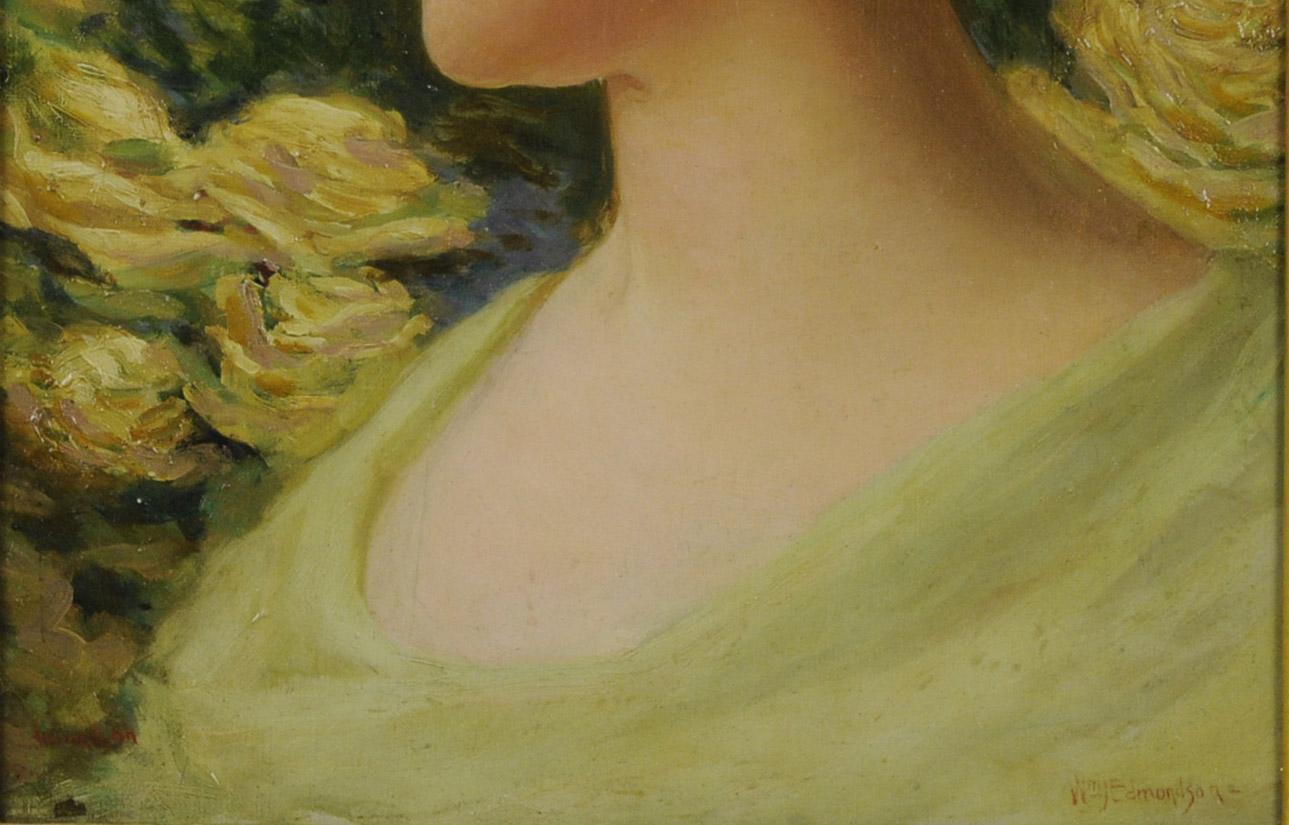 Portrait of a Young Girl
Oil on canvas, c. 1895
Signed lower right (see photo)
Edmondson studied in Paris with Lefebvre and Aman-Jean. This work shows the influence of Aman-Jean.
Condition: Excellent, cleaned and re-varnished by a museum