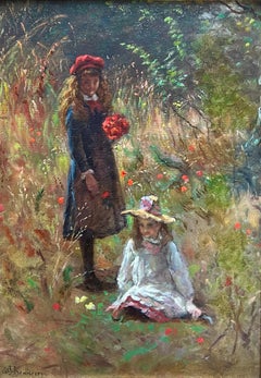 Portrait of the Artist's Daughters, American Impressionism Painting, Signed