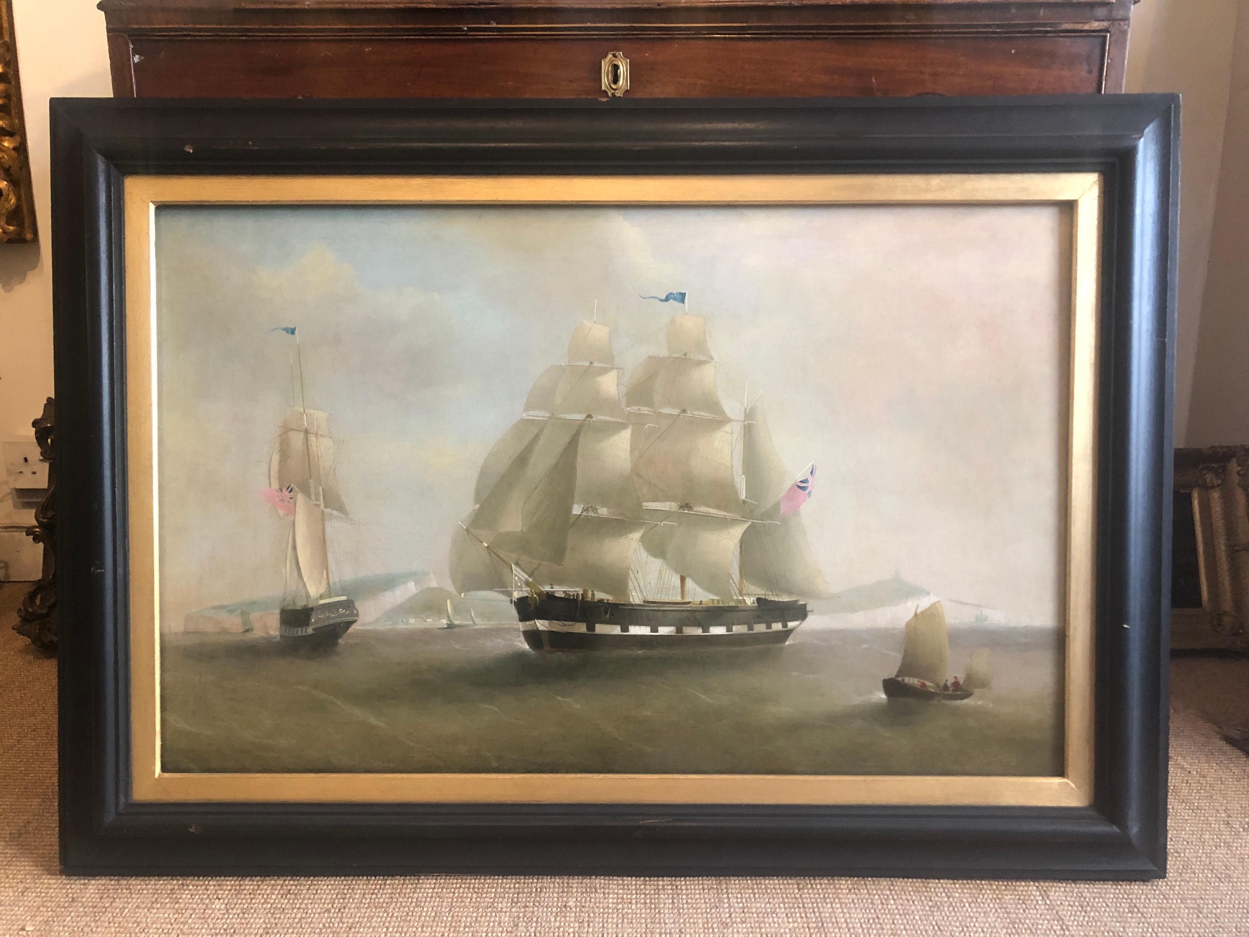 A Beautiful and Large Marine - A Ship in Two Positions Off Dover  - Painting by William John Huggins