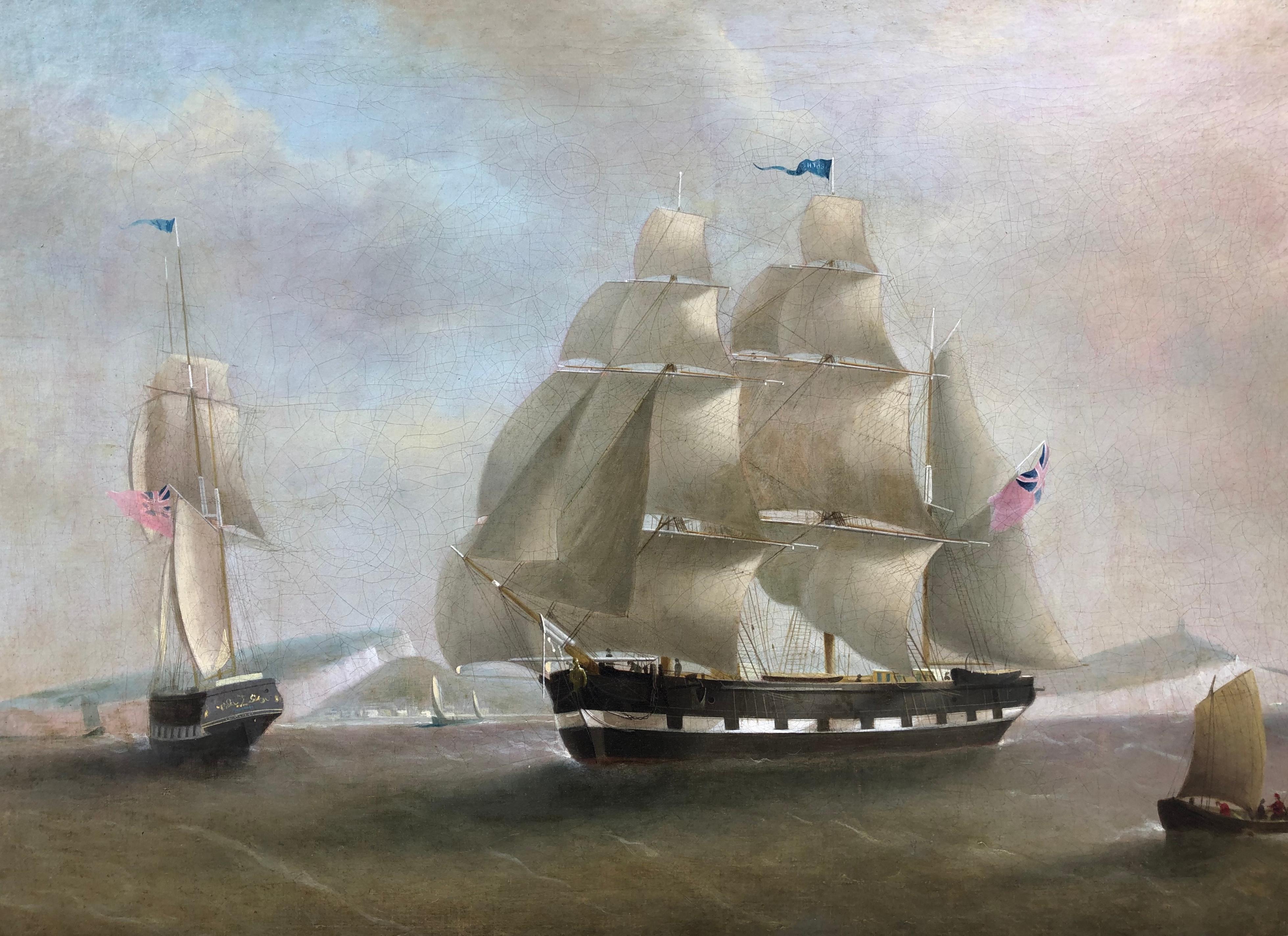 Schöne und große Marine – ein Schiff in zwei Positionen gegenüber Dover  (Alte Meister), Painting, von William John Huggins