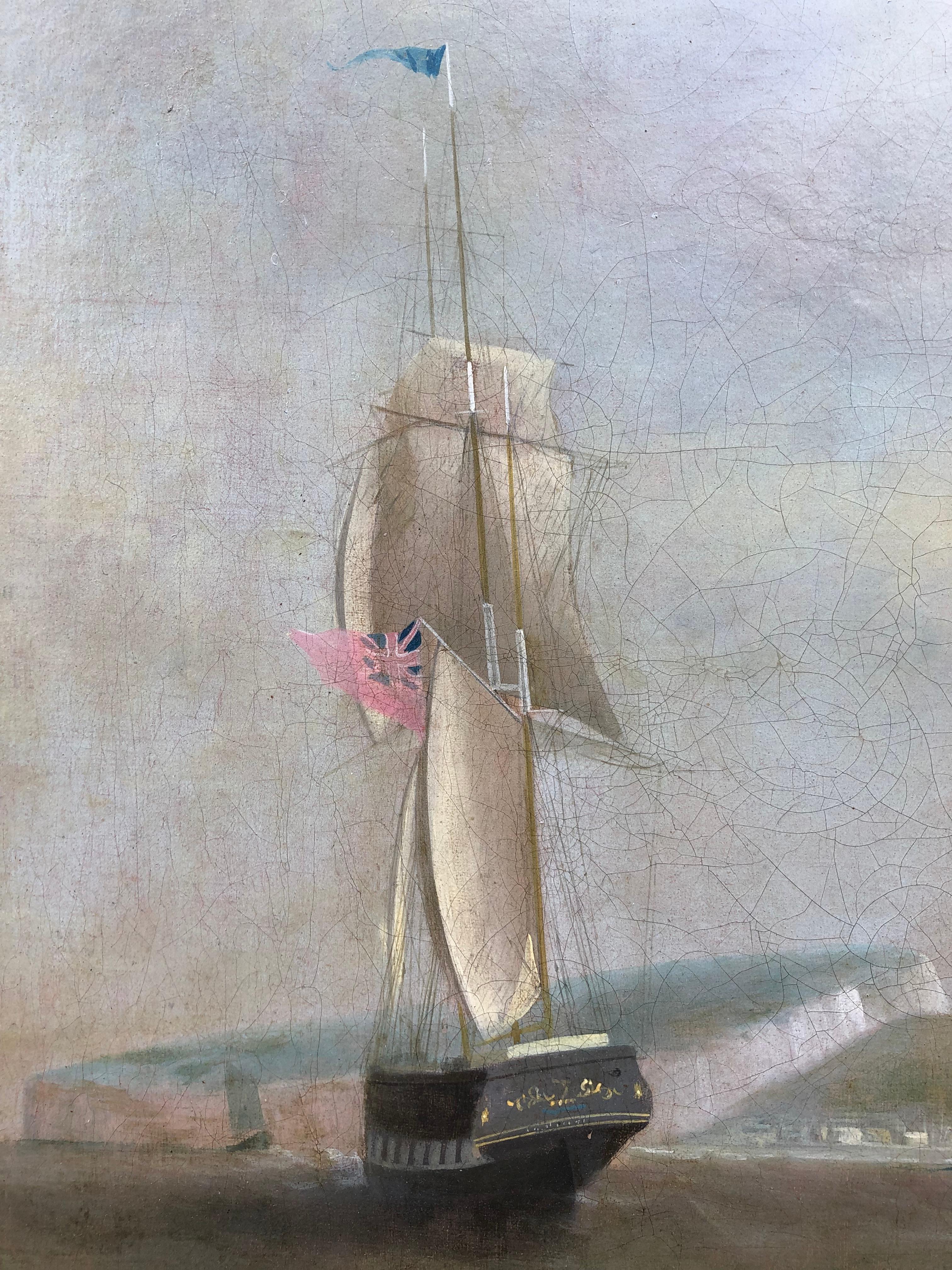 William John Huggins (1781-1845)
Ein Schiff in zwei Positionen vor Dover 
Öl auf Leinwand
Vorzeichenlos
33 x 45 Zoll, inkl. Rahmen

William John Huggins, über dessen Eltern nichts bekannt ist, soll als Seemann bei der East India Company angefangen