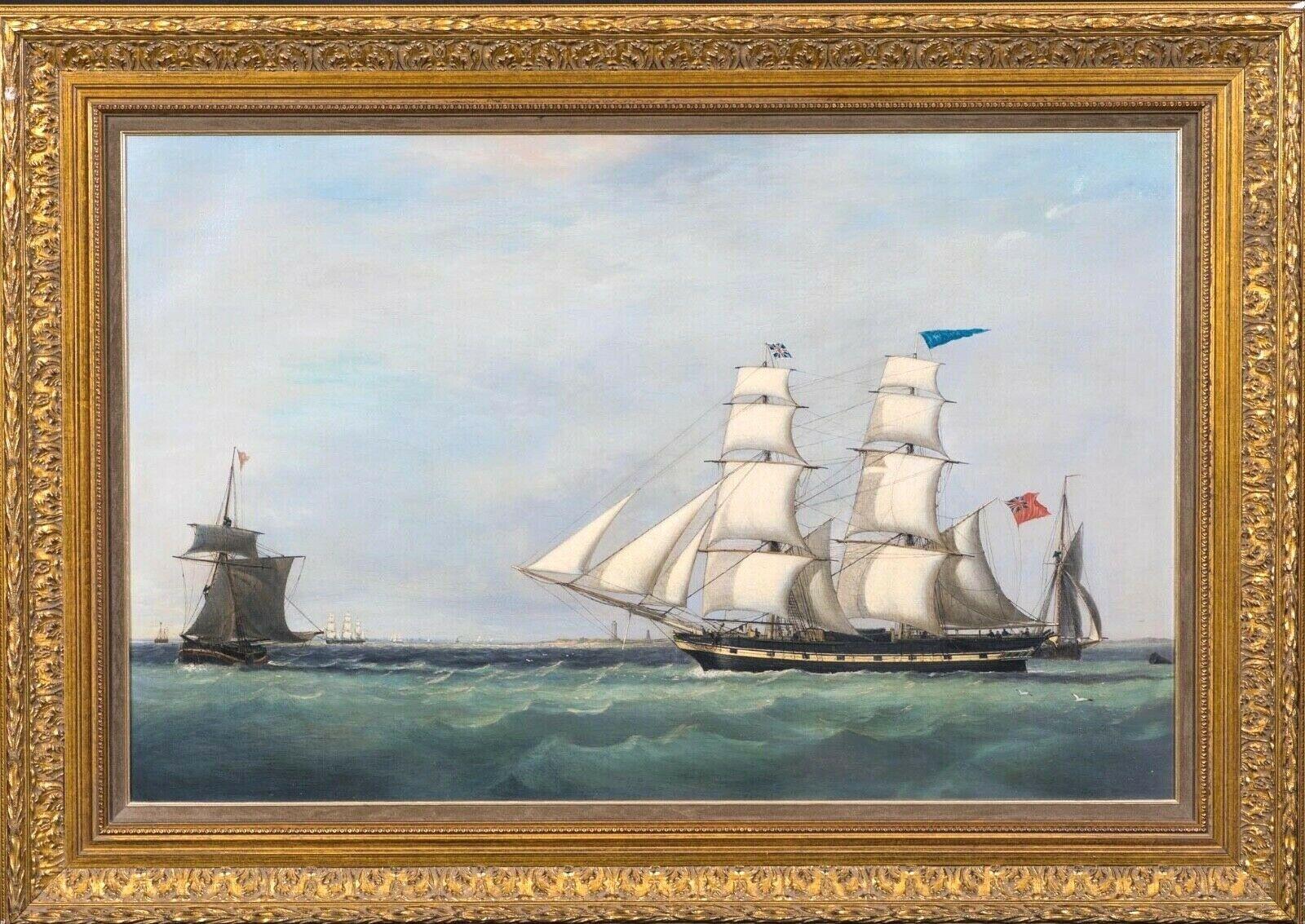 British Royal Navy Frigate Off A Busy Harbour, early 19th Century  - Painting by William John Huggins