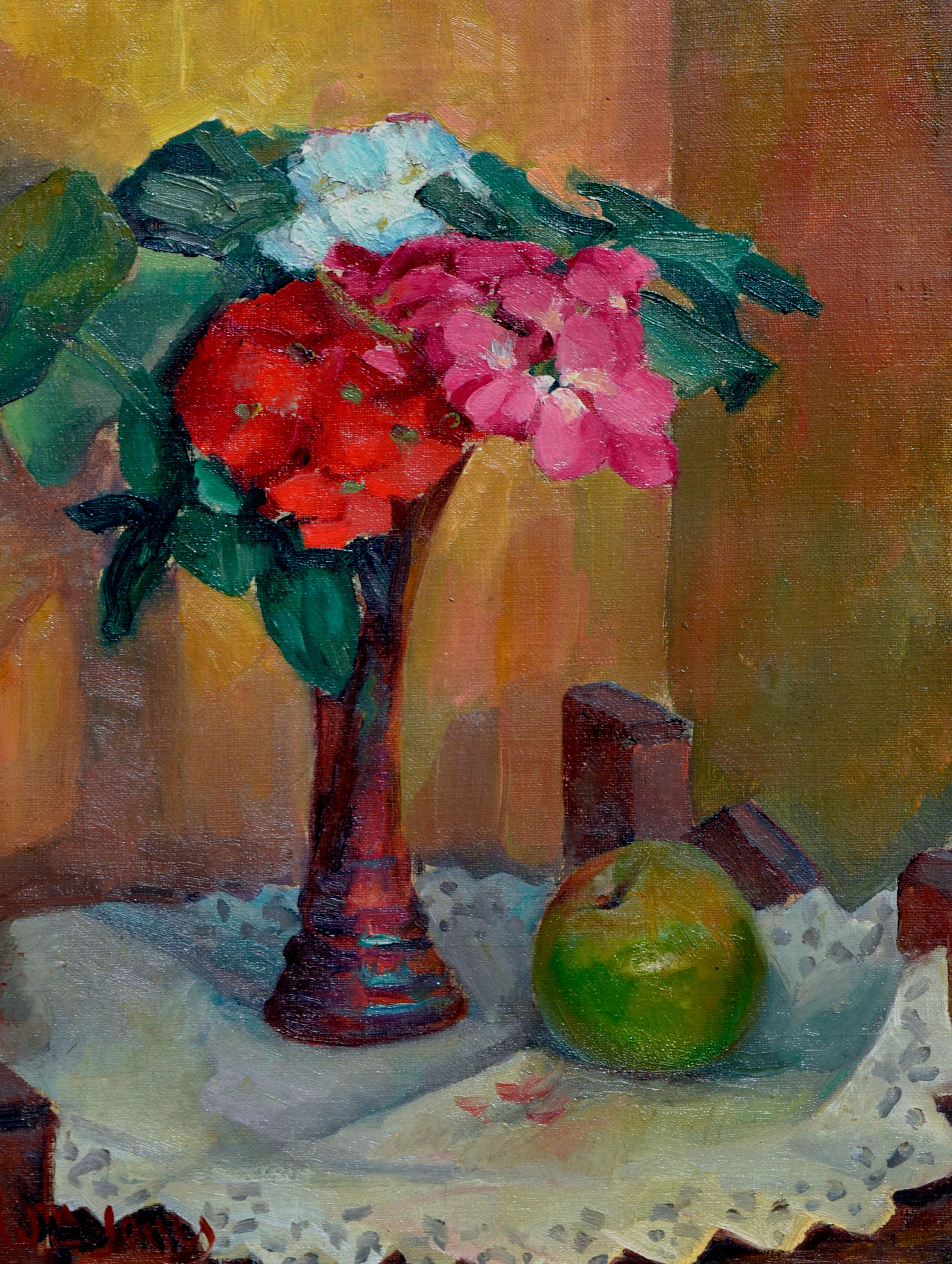 Floral Still Life with Apple - Painting by William John Jones