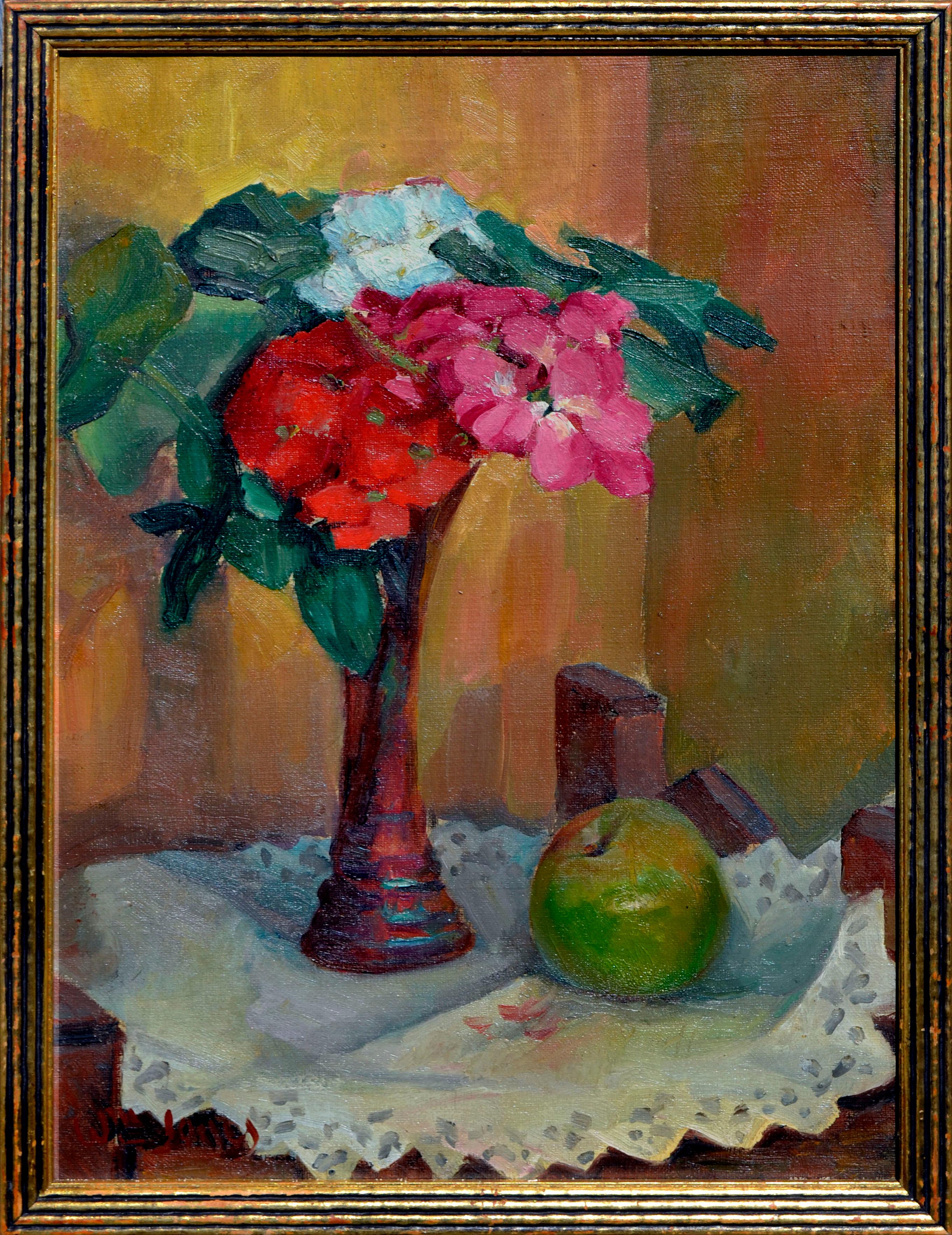 William John Jones Interior Painting - Floral Still Life with Apple