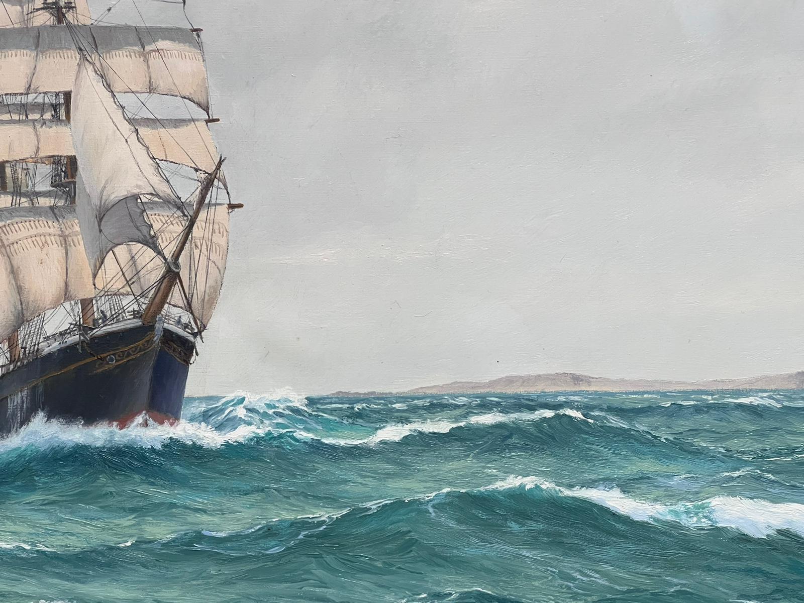 Huge British Marine Oil Painting Tall Sailing Ship at Sea off Coastline, signed For Sale 8