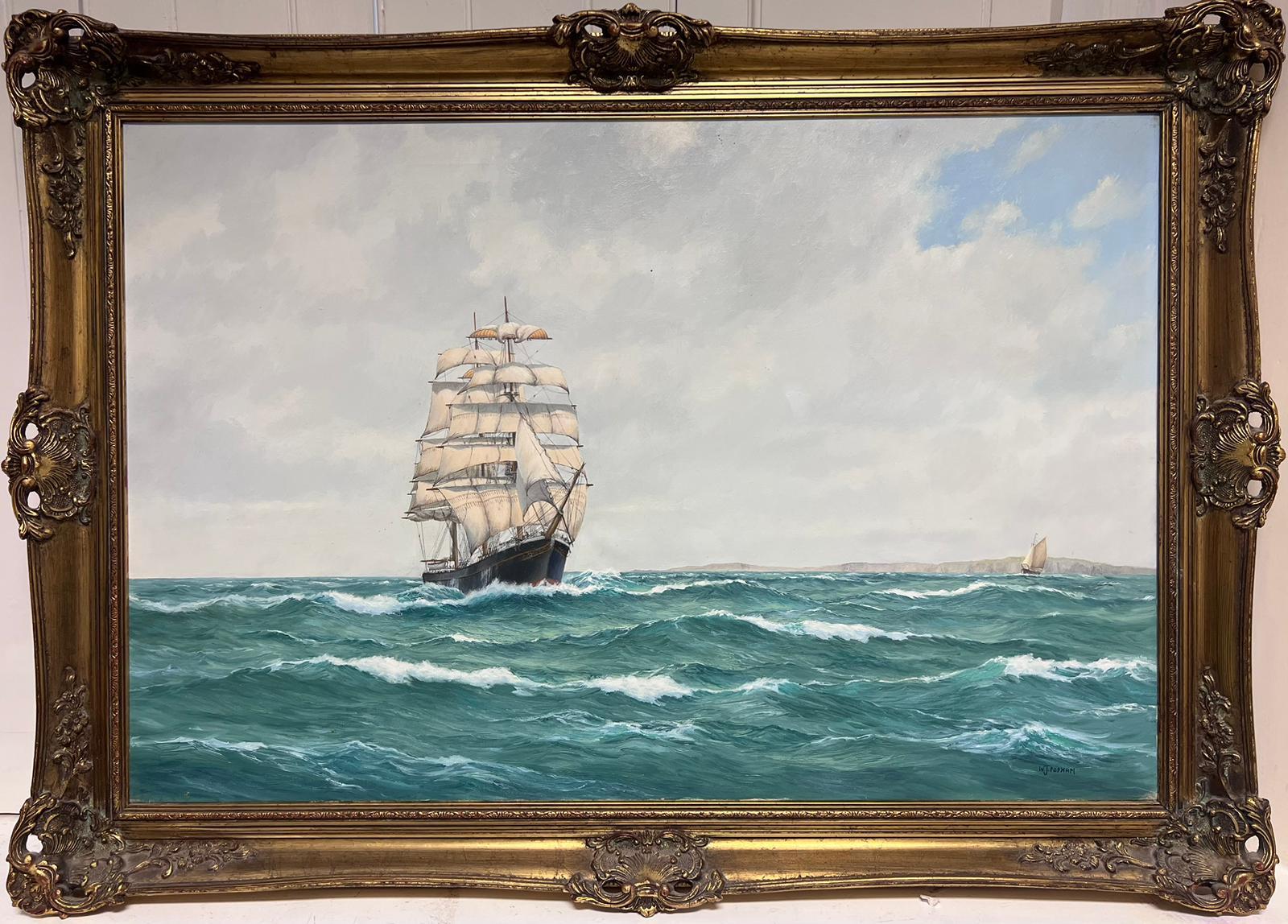 William John Popham Landscape Painting - Huge British Marine Oil Painting Tall Sailing Ship at Sea off Coastline, signed