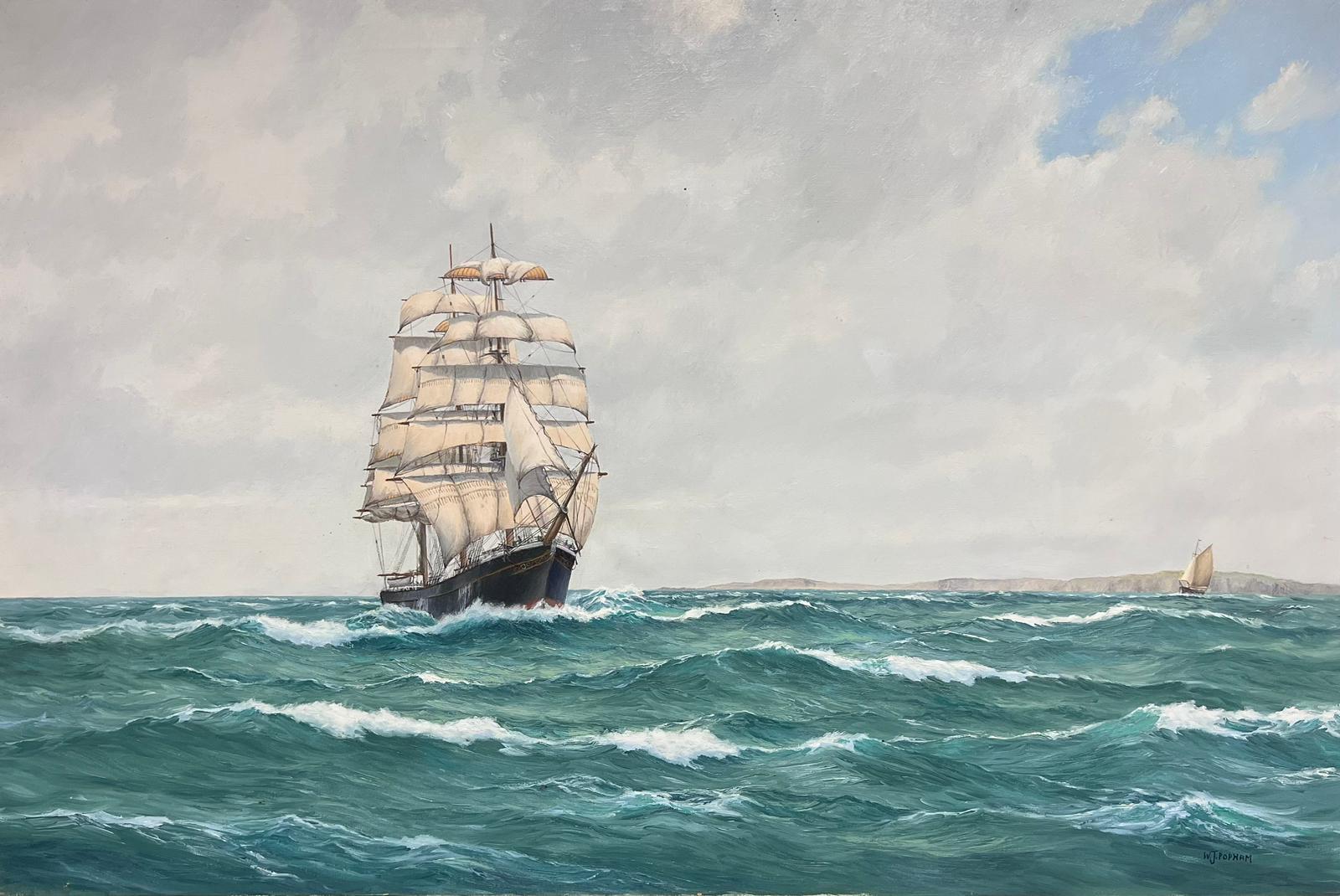 Huge British Marine Oil Painting Tall Sailing Ship at Sea off Coastline, signed For Sale 1