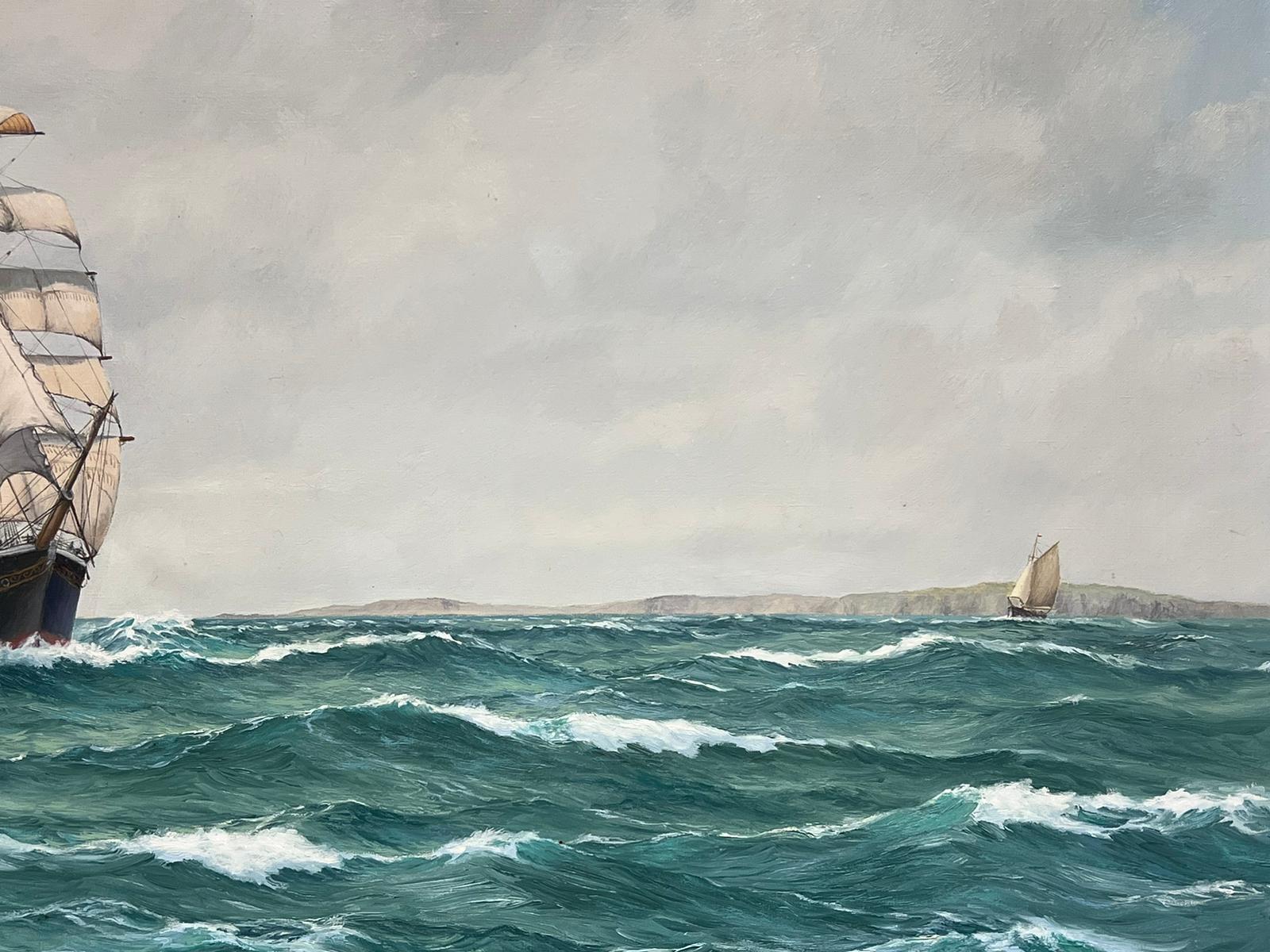 Huge British Marine Oil Painting Tall Sailing Ship at Sea off Coastline, signed For Sale 3