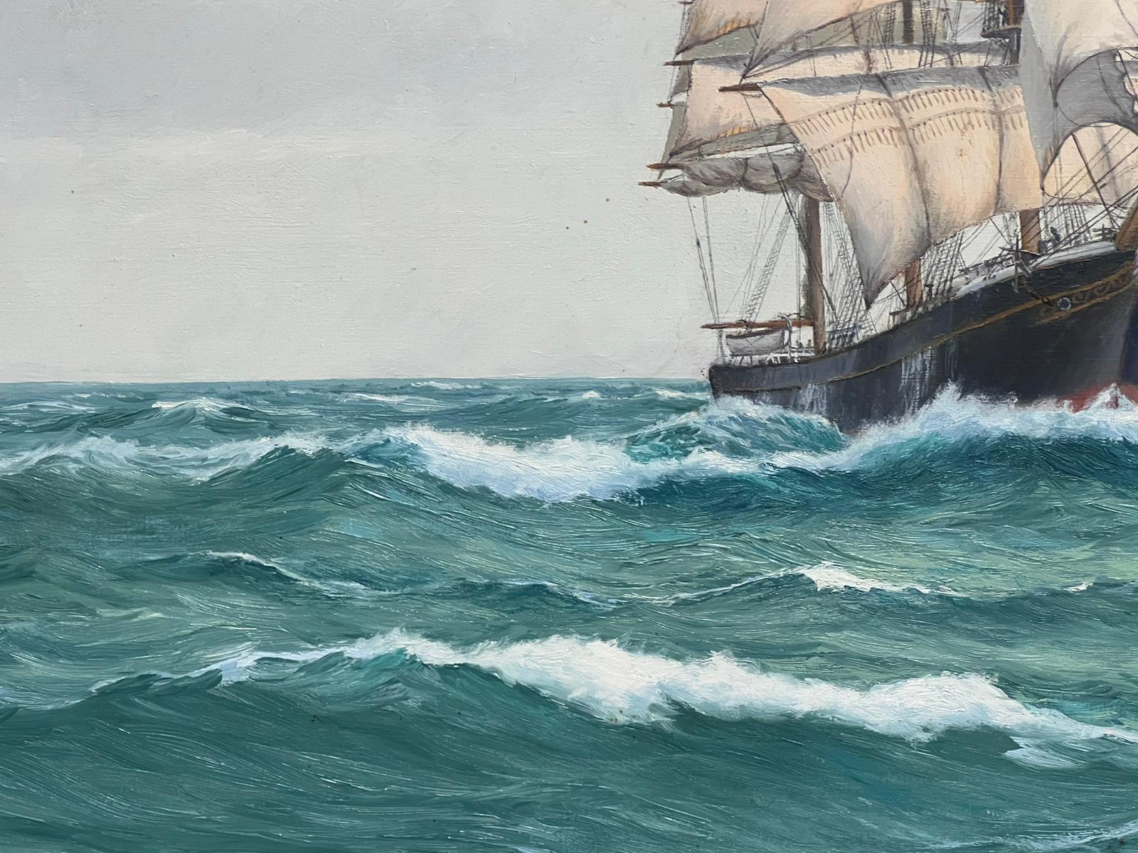 Huge British Marine Oil Painting Tall Sailing Ship at Sea off Coastline, signed For Sale 4