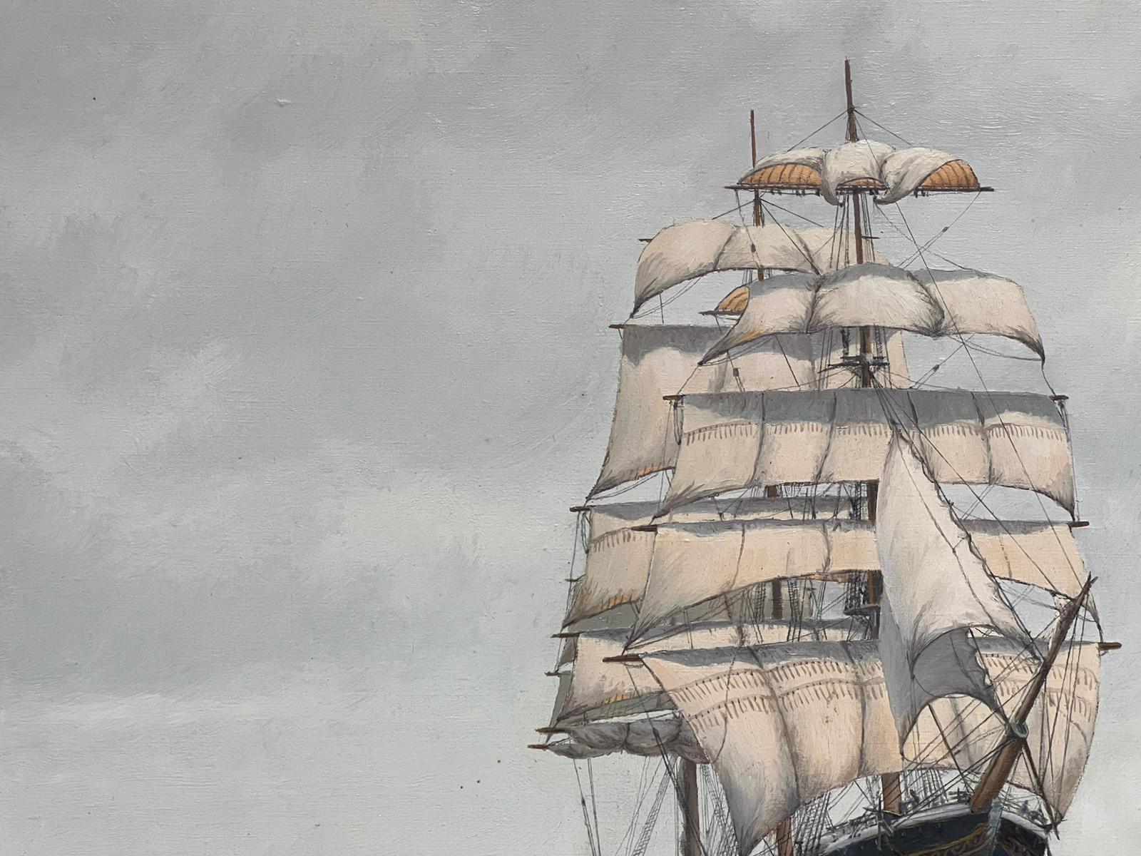 Huge British Marine Oil Painting Tall Sailing Ship at Sea off Coastline, signed For Sale 5