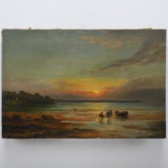 19th Century Romantic British Sunset Seascape Oyster Gatherers Oil Canvas Signed