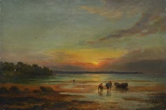 19th Century Romantic British Sunset Seascape Oyster Gatherers Oil Canvas Signed