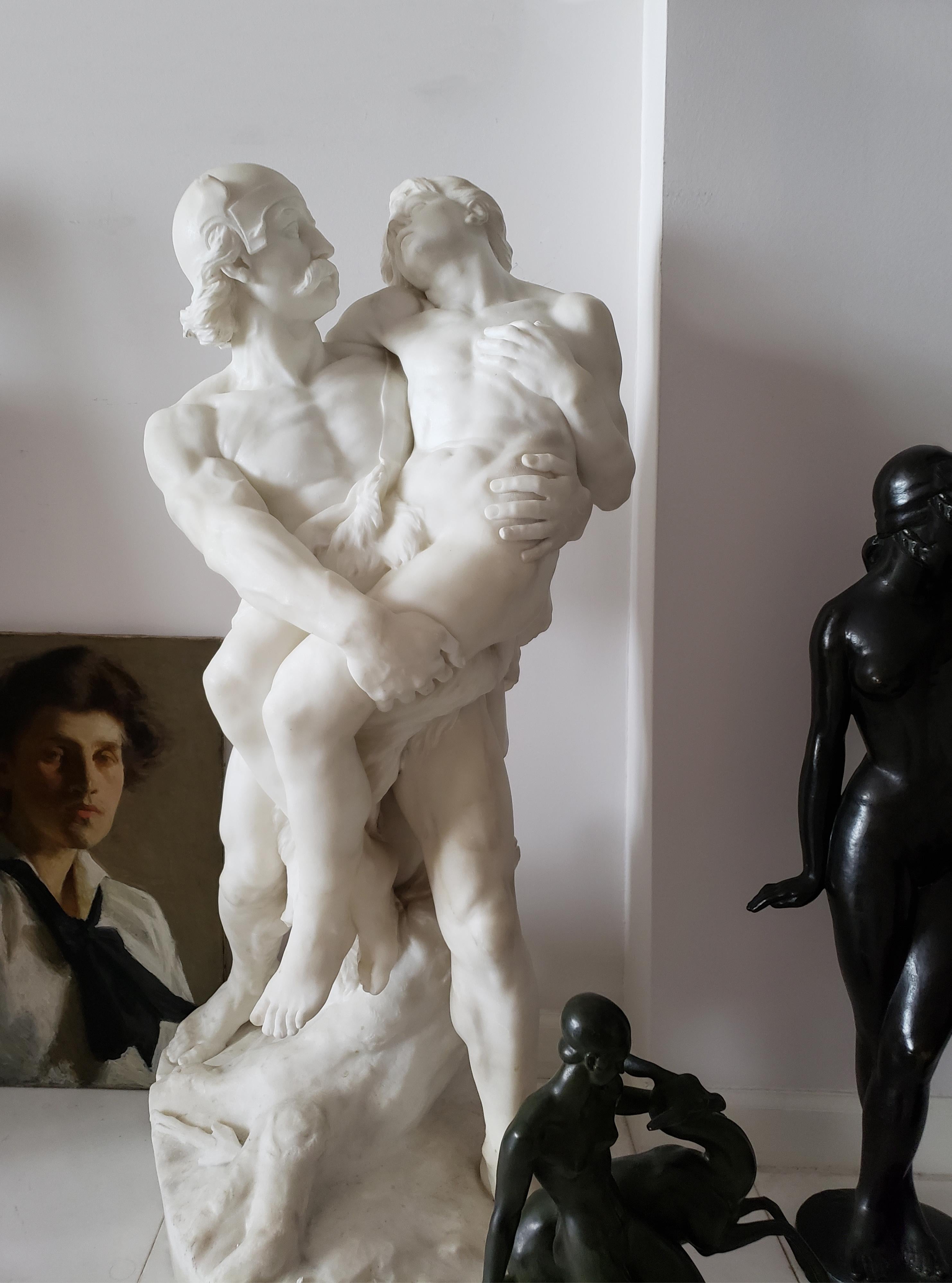 Marble  Sculpture  19th Century White Carrara Marble Nude Man Wounded Nude 