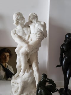 Sculpture en marbre du 19ème siècle en marbre de Carrare blanc  Homme nu blessé nu
