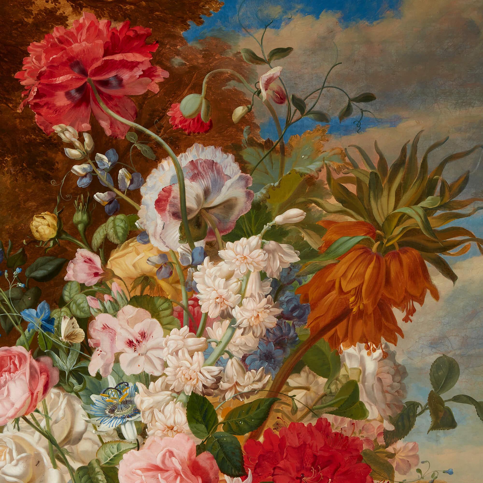 Antique still life of flowers by W. J. Wainwright 
English, Late 19th Century 
Canvas: Height 127cm, width 101cm
Frame: Height 144cm, width 120cm, depth 7cm

This beautiful still life in oils depicts an overflowing vase of flowers against a