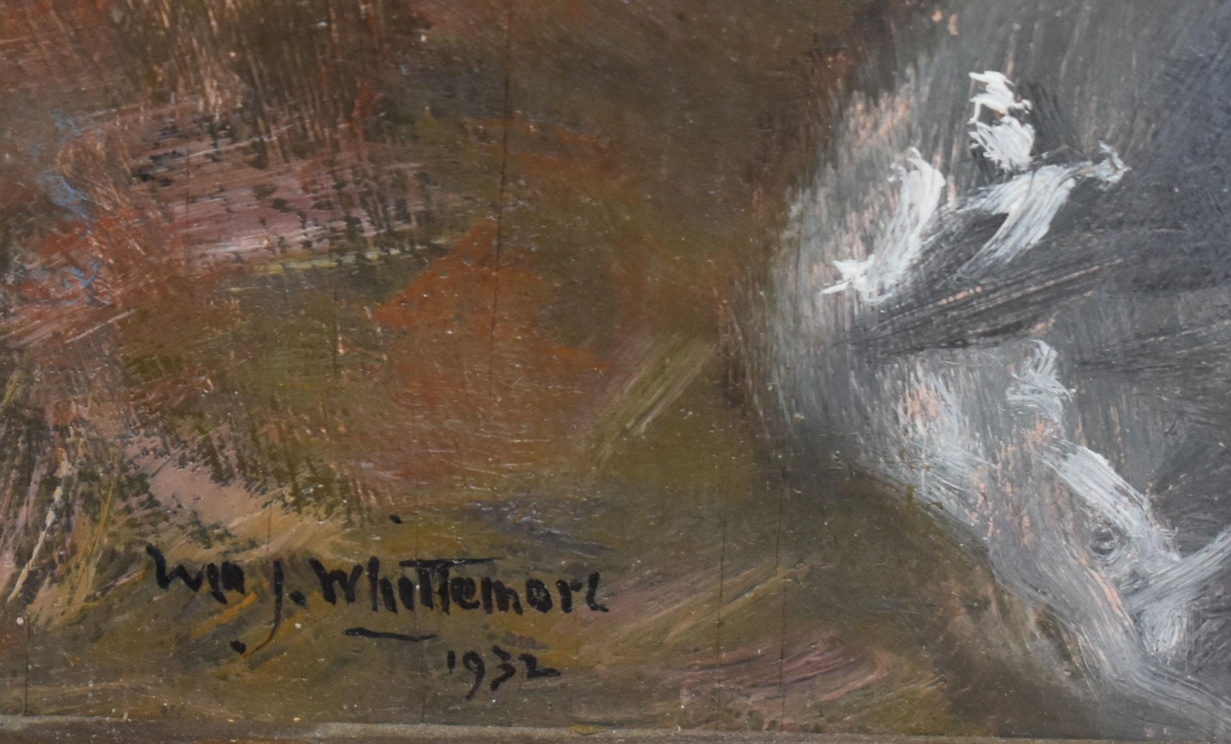 Antike amerikanische Impressionisten signiert Stillleben Gemälde von William John Whittemore  (1860 - 1955).  Öl auf Karton, ca. 1932. Unterschrieben.  Wird in einem Zeitrahmen angezeigt. Bildgröße, 9,5 