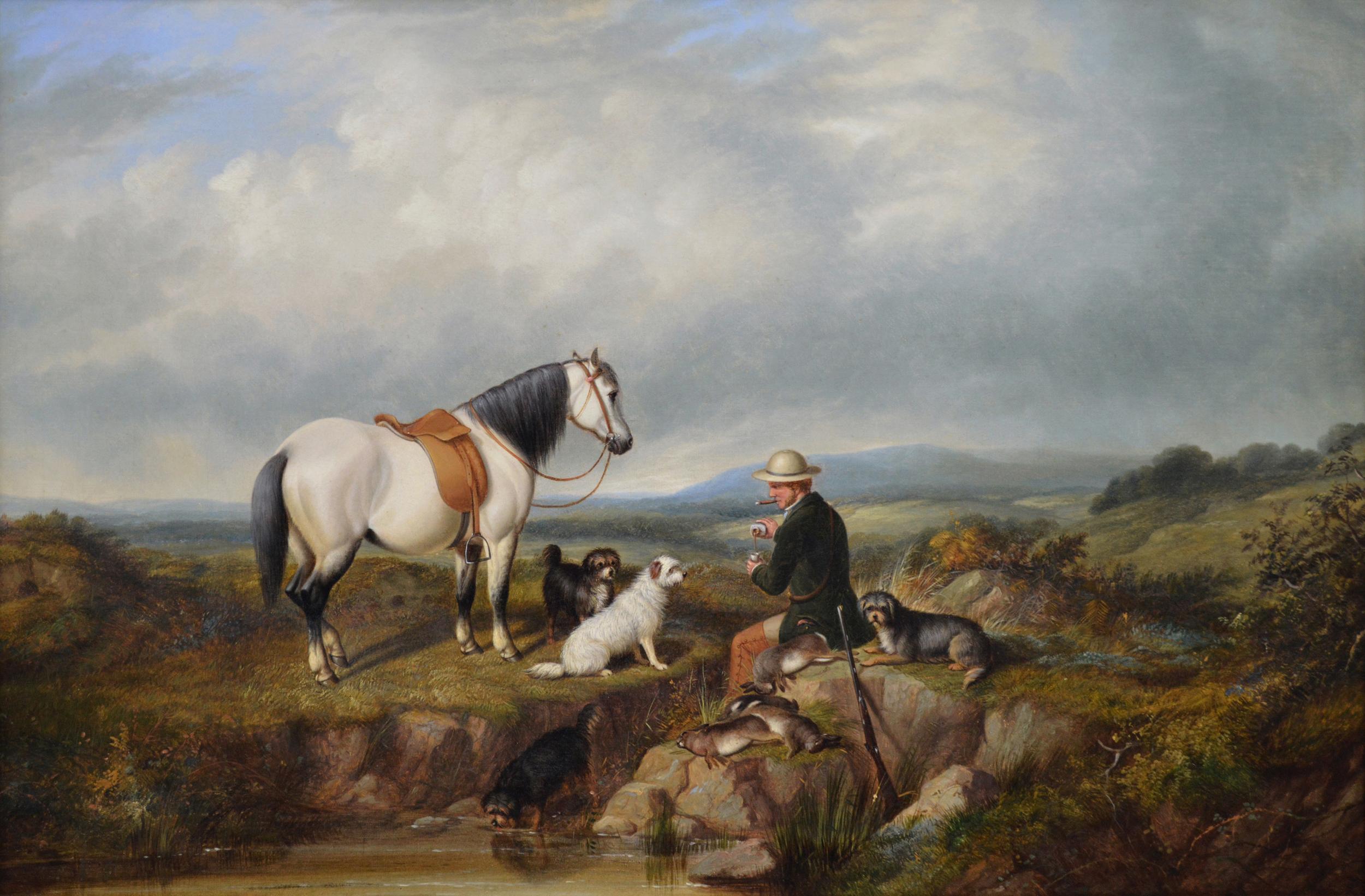 19th Century sporting landscape oil painting with horse, dogs & game - Painting by William Jones