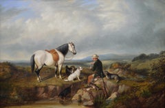 19th Century sporting landscape oil painting with horse, dogs & game