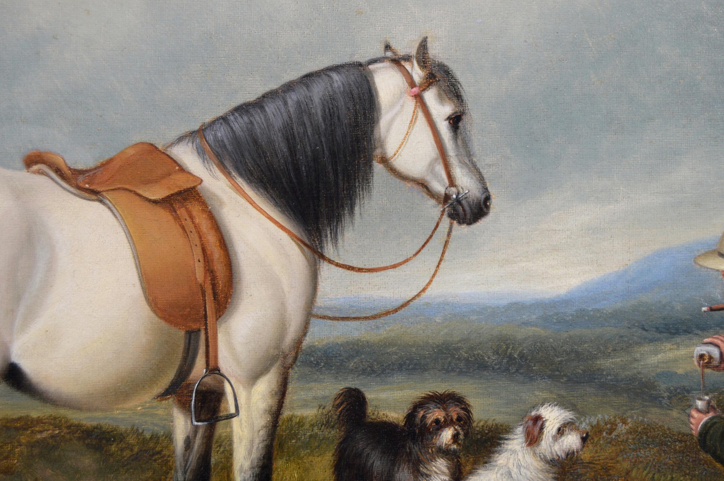 19th Century sporting landscape oil painting with horse, dogs & game - Brown Animal Painting by William Jones