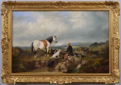 19th Century sporting landscape oil painting with horse, dogs & game
