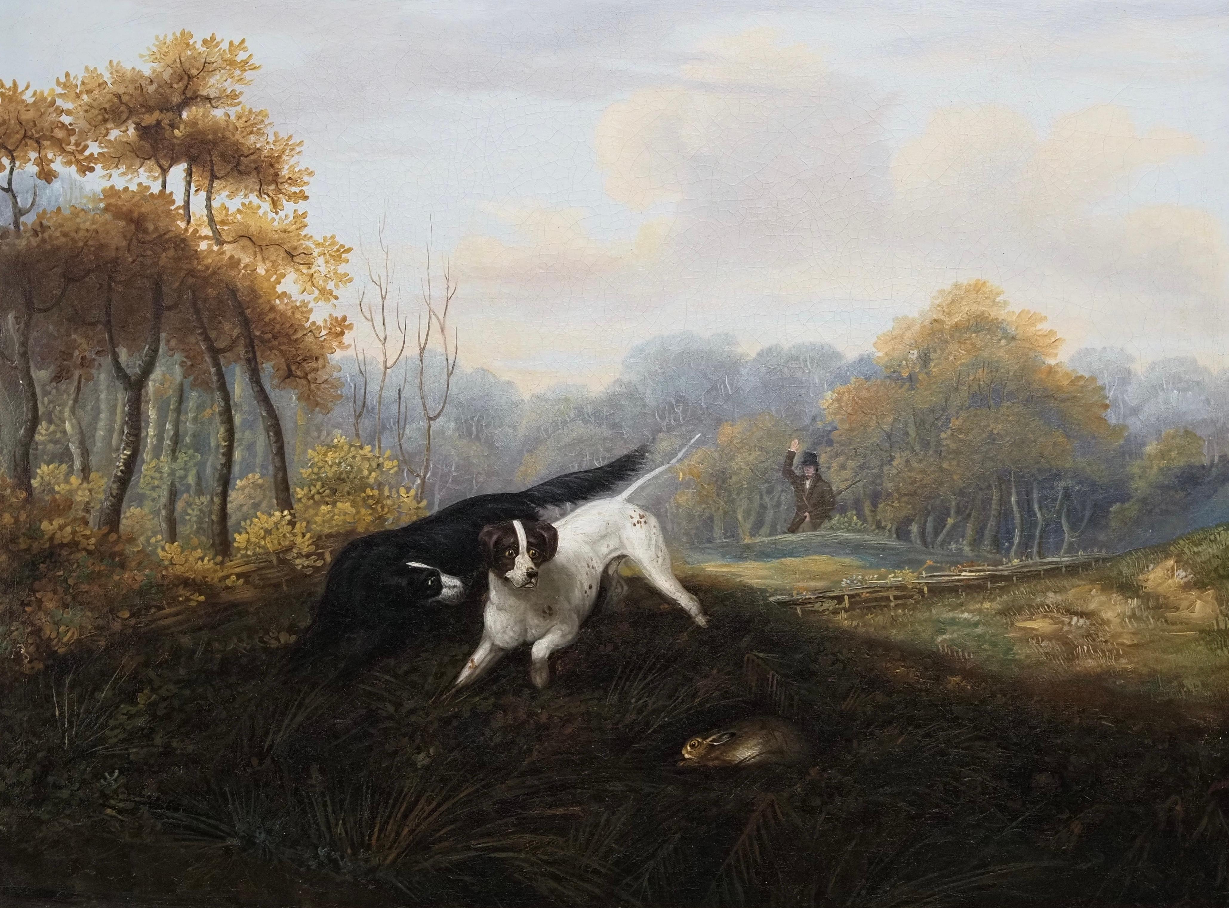 Two spaniels working with a huntsman beyond - Old Masters Painting by William Jones