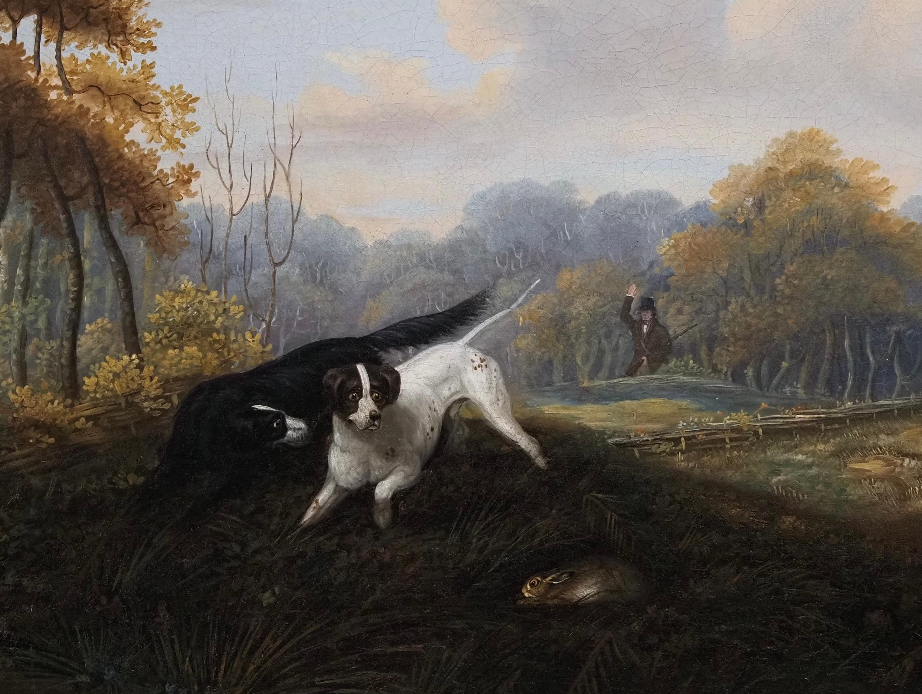 William Jones (c.1798-1860)
Two spaniels working with a huntsman beyond
Oil on canvas
Canvas Size - 16 x 21 in
Framed Size - 21 x 26 in

William Jones’s work is well-known, emanating from the first half of the 19th century, and so it is surprising