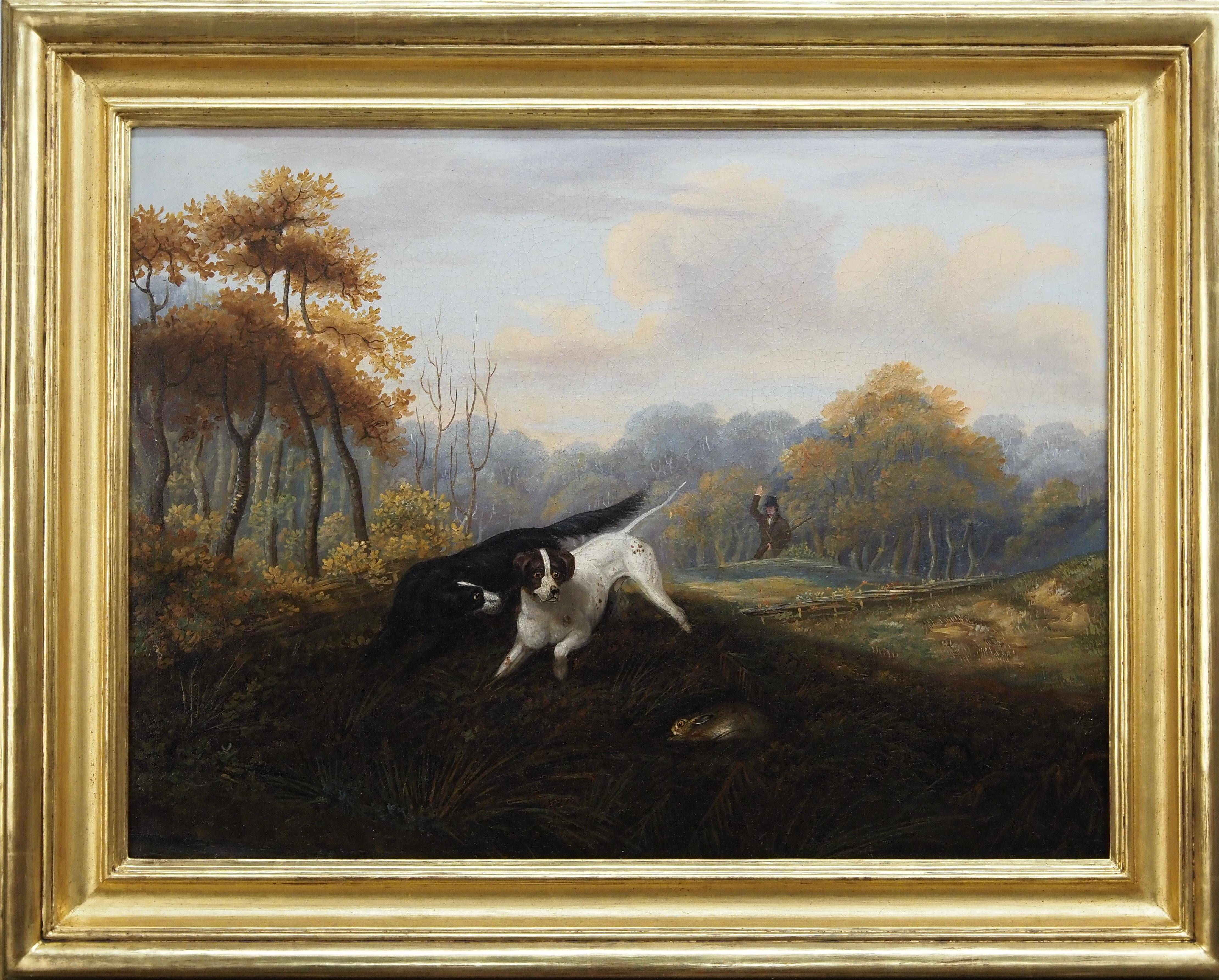 William Jones Animal Painting - Two spaniels working with a huntsman beyond
