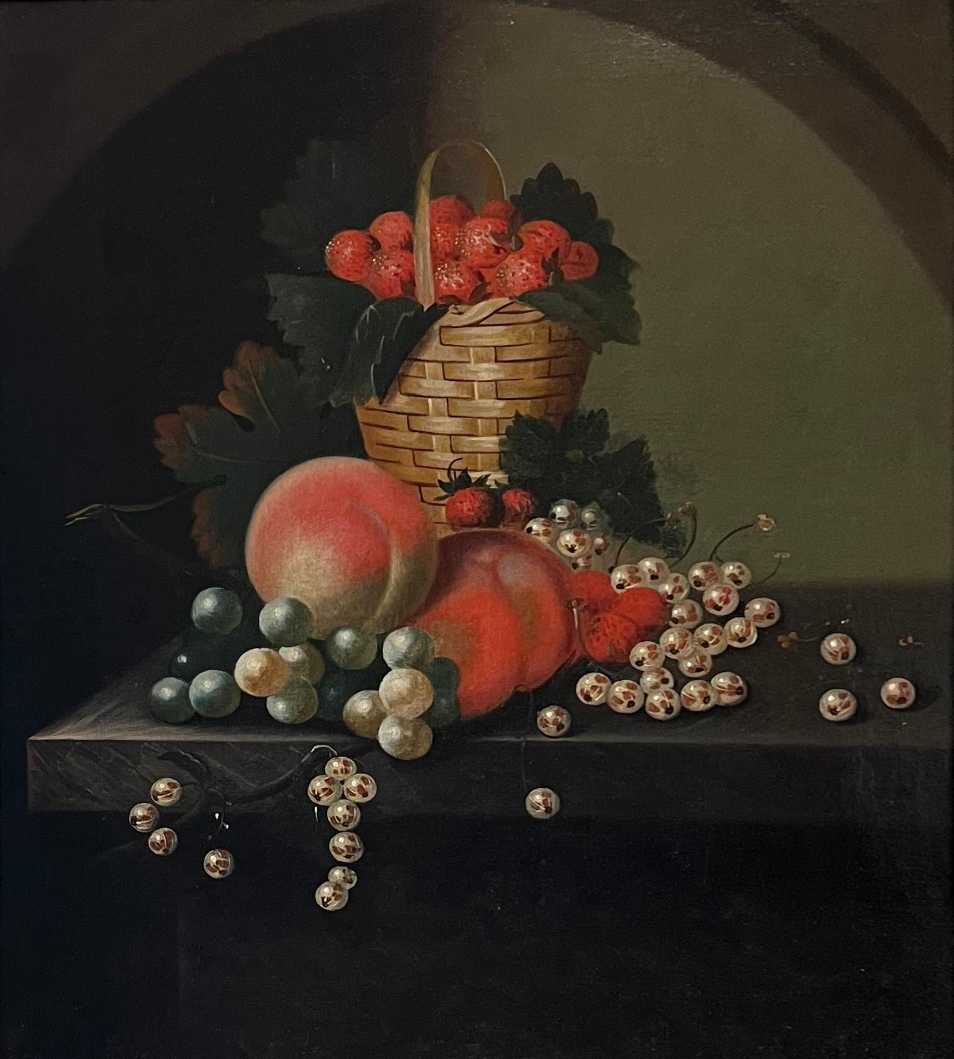 Raro bodegón inglés del siglo XVIII de uvas, melocotones y fresas - Interior Painting Negro de William Jones of Bath