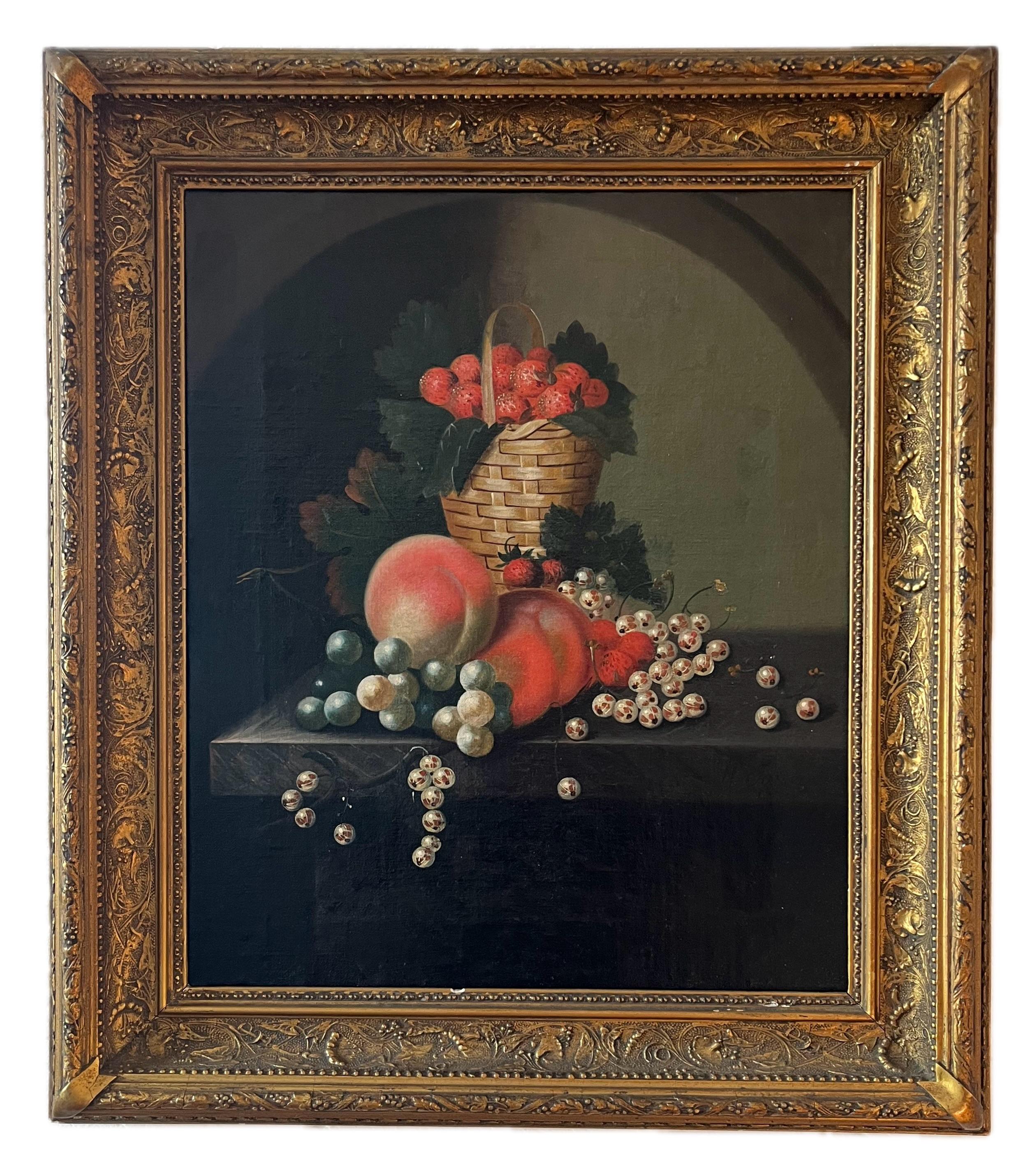A rare and most attractive still life by William Jones of Bath. The sumptuous textures of the peaches, grapes and strawberries contrasting with the dark background. A really handsome 18th Century piece that would add grace and elegance to any dining
