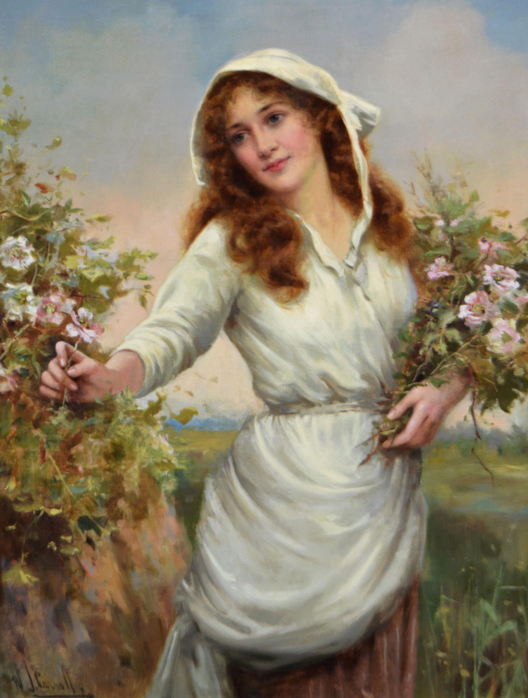 19th Century genre oil painting of a young woman picking flowers  - Painting by William Joseph Carroll