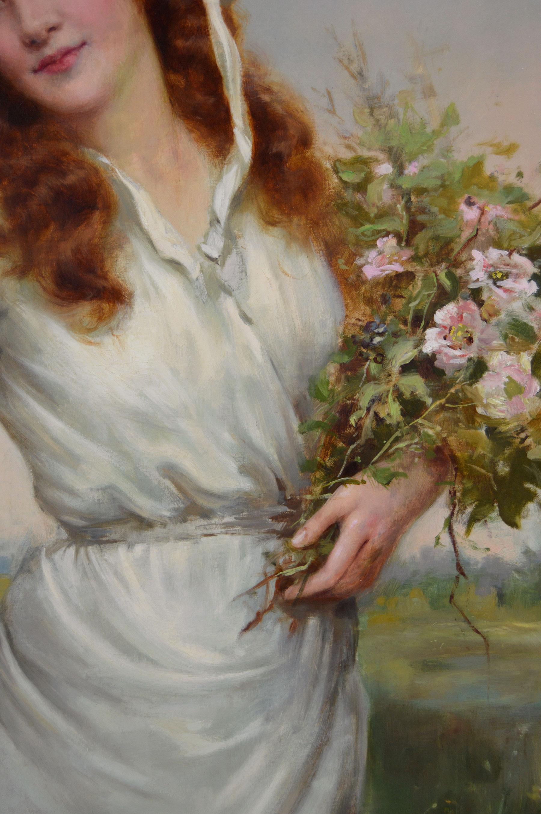 William Joseph Carroll
British, (1872-1924)
Picking Flowers
Oil on canvas, signed
Image size: 35.25 inches x 27.25 inches 
Size including frame: 44.25 inches x 36.25 inches

A captivating three-quarter length painting of a young woman picking