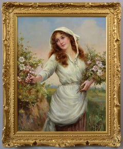 19th Century genre oil painting of a young woman picking flowers 
